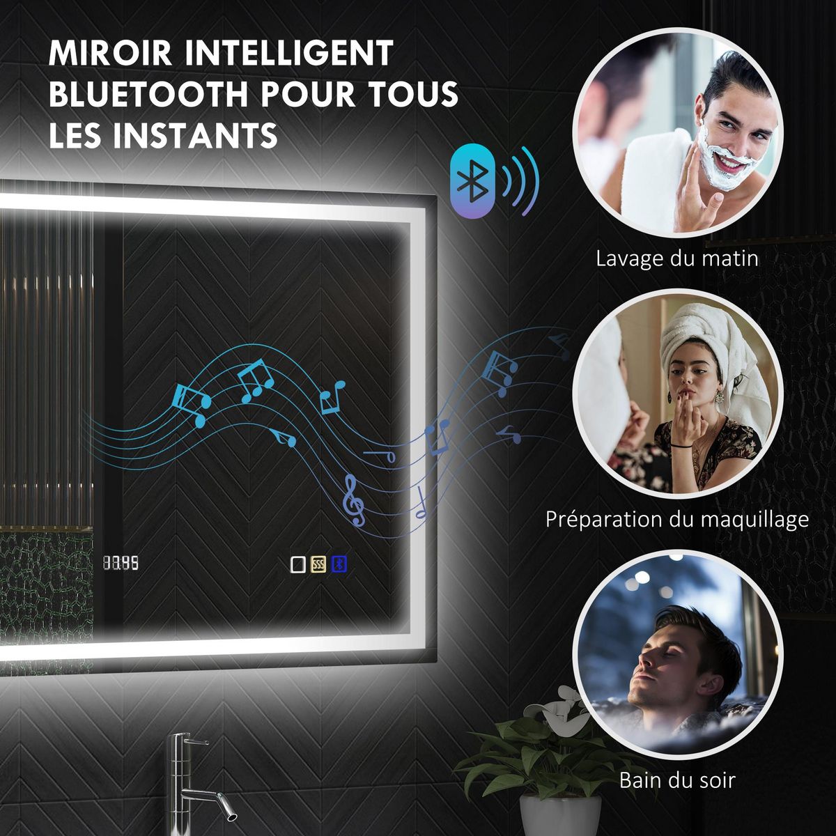 HOMCOM Miroir lumineux LED salle de bain 100 x 80 cm bluetooth interrupteur tactile lumière réglable 3 couleurs fonction anti-buée et mémoire