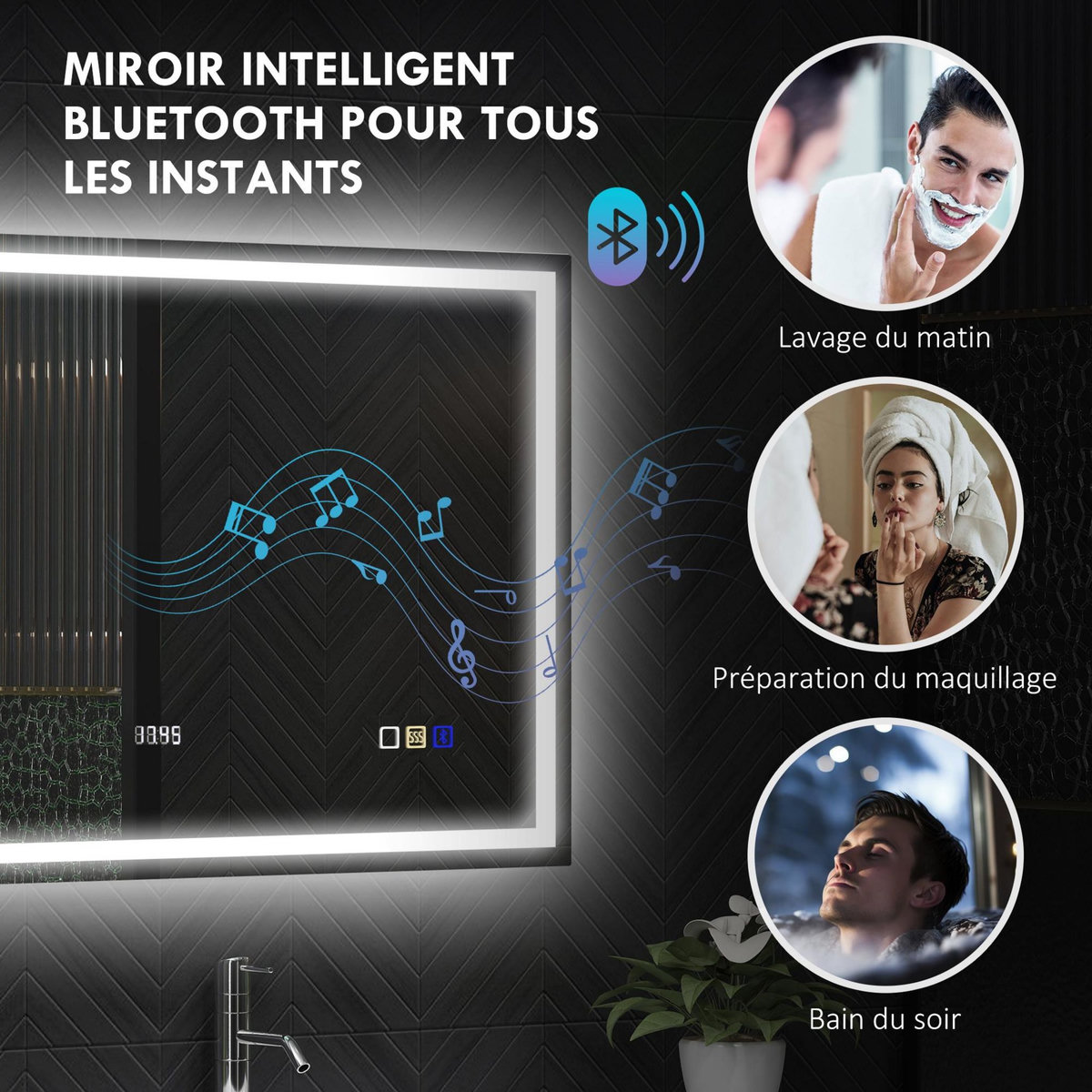 HOMCOM Miroir lumineux LED salle de bain 100 x 80 cm bluetooth interrupteur tactile lumière réglable 3 couleurs fonction anti-buée et mémoire