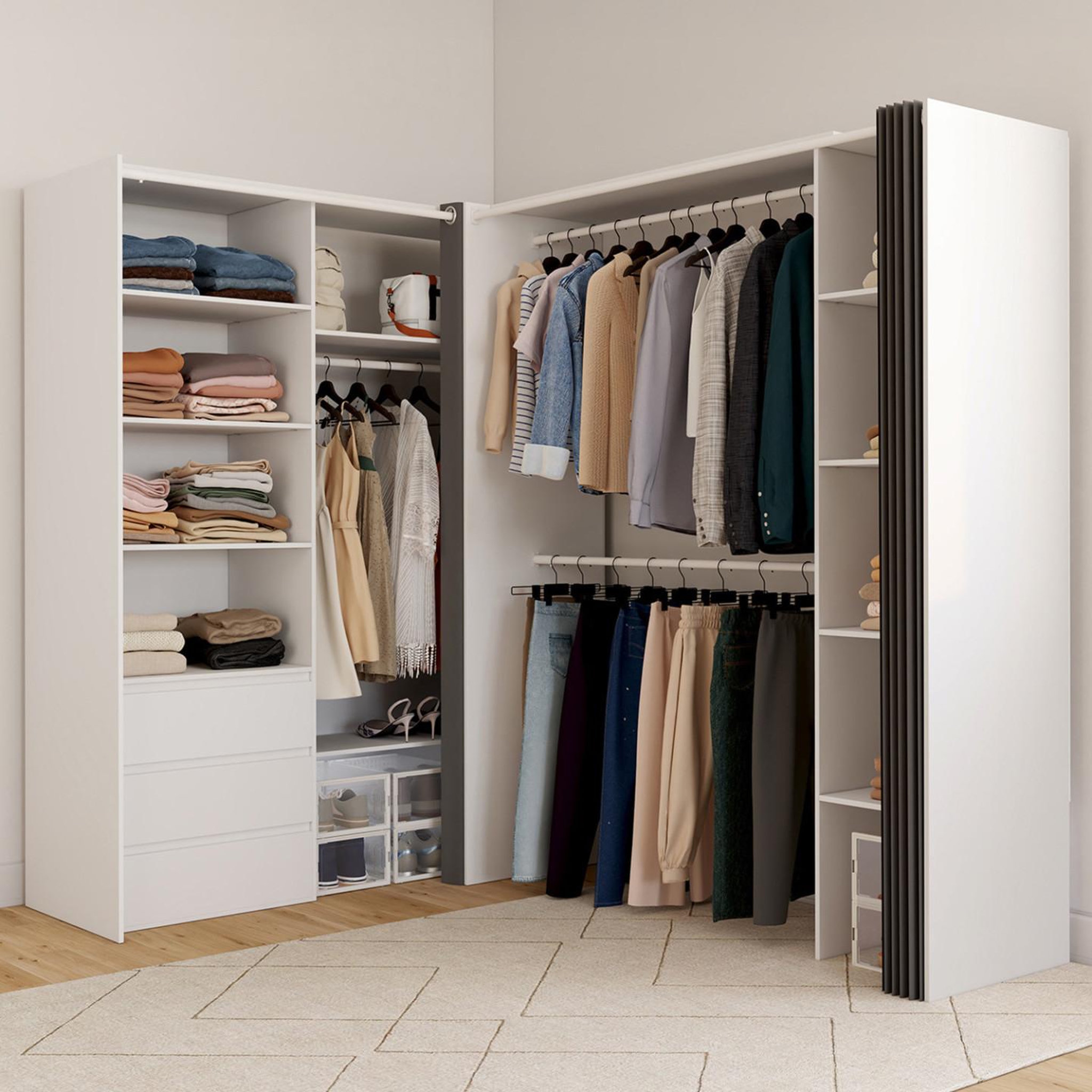 Voir la diapositive 2 : ID MARKET Dressing extensible d'angle marlon 200 x 150 x 180 cm cm blanc avec penderies + tiroirs + étagères + rideaux gris