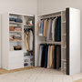 Voir la diapositive 2 : ID MARKET Dressing extensible d'angle MARLON 200 x 150 x 180 cm blanc avec penderies + tiroirs + étagères + rideaux gris