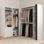 Voir la diapositive 2 : ID MARKET Dressing extensible d'angle MARLON 200 x 150 x 180 cm blanc avec penderies + tiroirs + étagères + rideaux gris