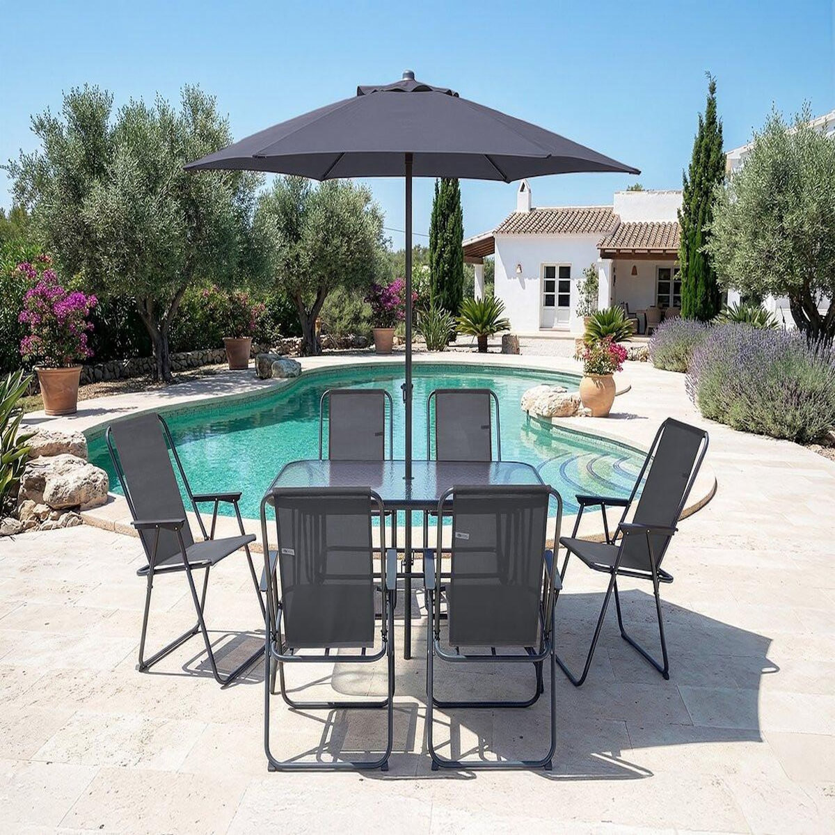 Habitat et Jardin Table et chaises de jardin avec parasol en métal  Convivia  - 6 places - Gris anthracite