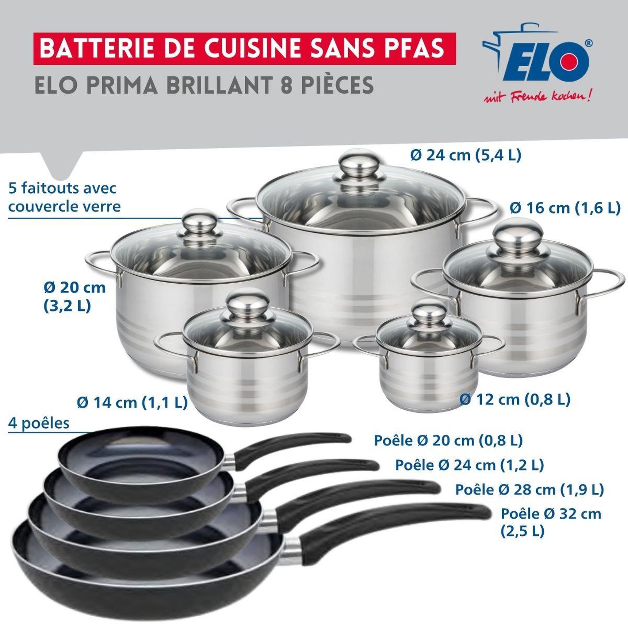 Voir la diapositive 2 : ELO Ensemble de 4 poêles de cuisson 20, 24, 28 et 32 cm et 5 faitouts 12, 14, 16, 20 et 24 cm elo prima brillant
