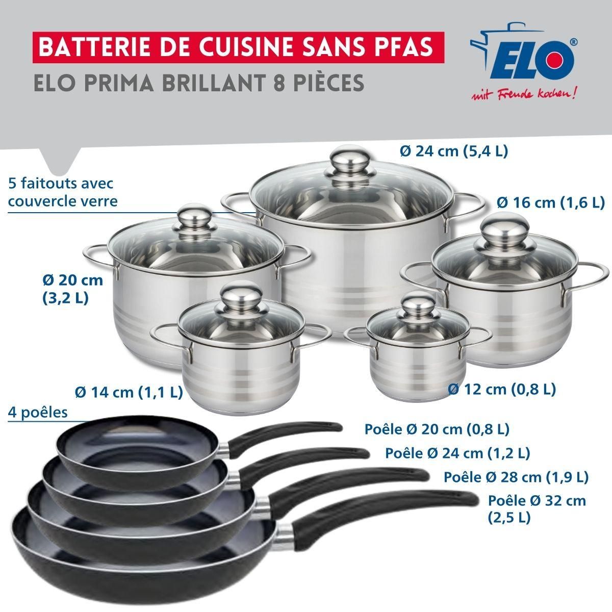 ELO Ensemble de 4 Poêles de cuisson 20, 24, 28 et 32 cm et 5 faitouts 12, 14, 16, 20 et 24 cm Elo Prima Brillant