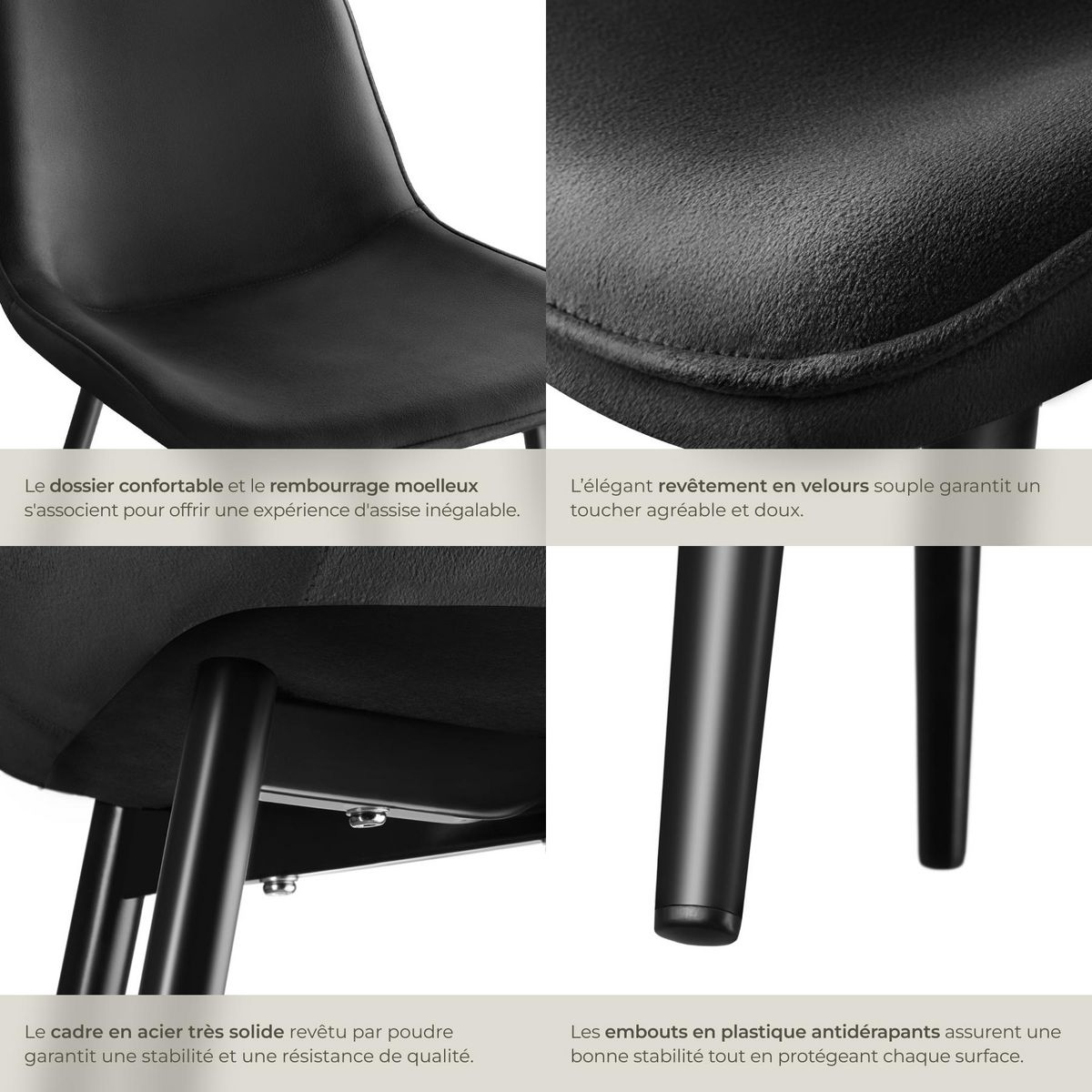 tectake Lot de chaises rembourrées aspect velours noir Lot de 8