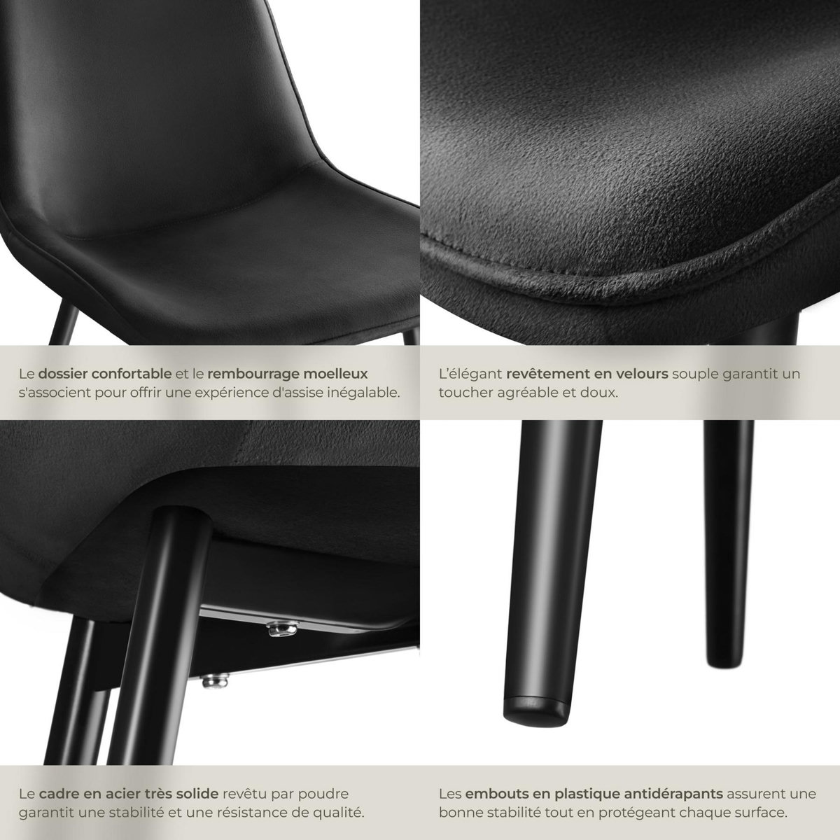 tectake Lot de chaises rembourrées aspect velours noir Lot de 8
