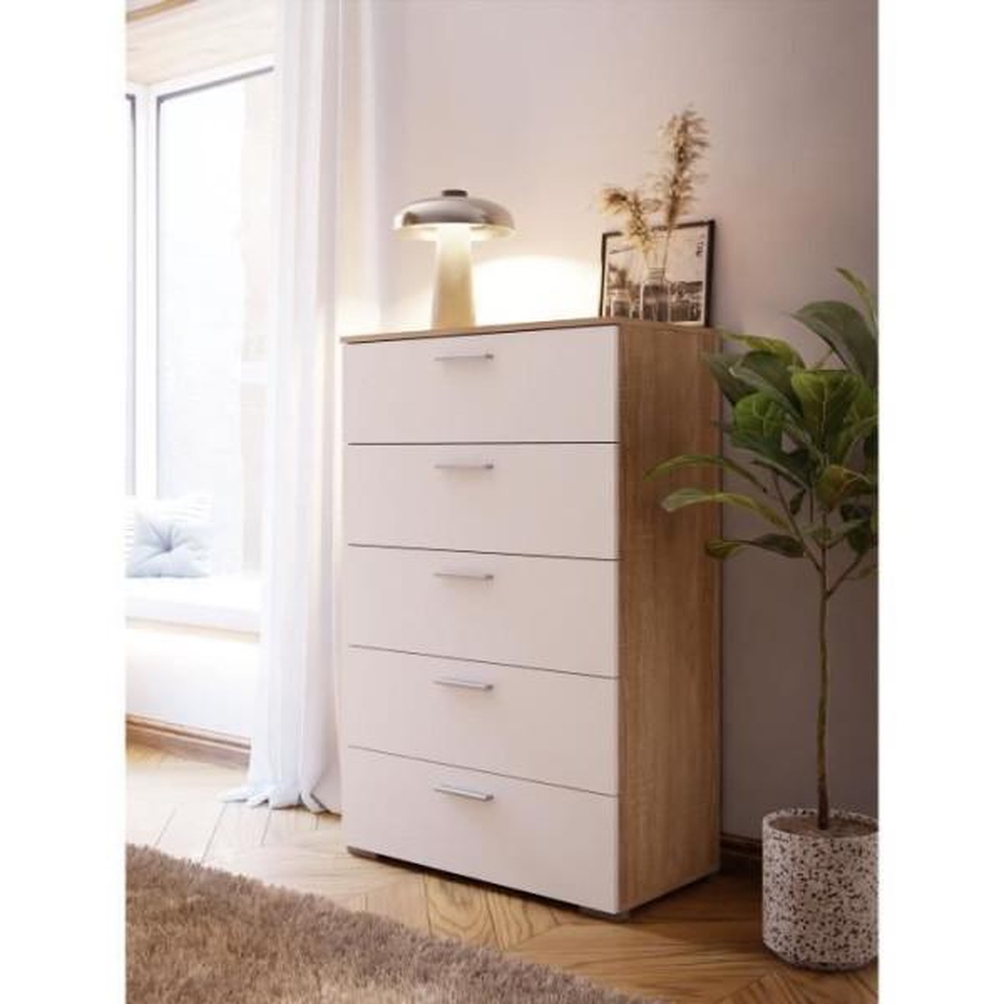Voir la diapositive 2 : MARKET24 Commode BASJANA - 5 tiroirs - Décor chene sonoma et blanc mat - L80,2 x P41,3 x H123,8 cm