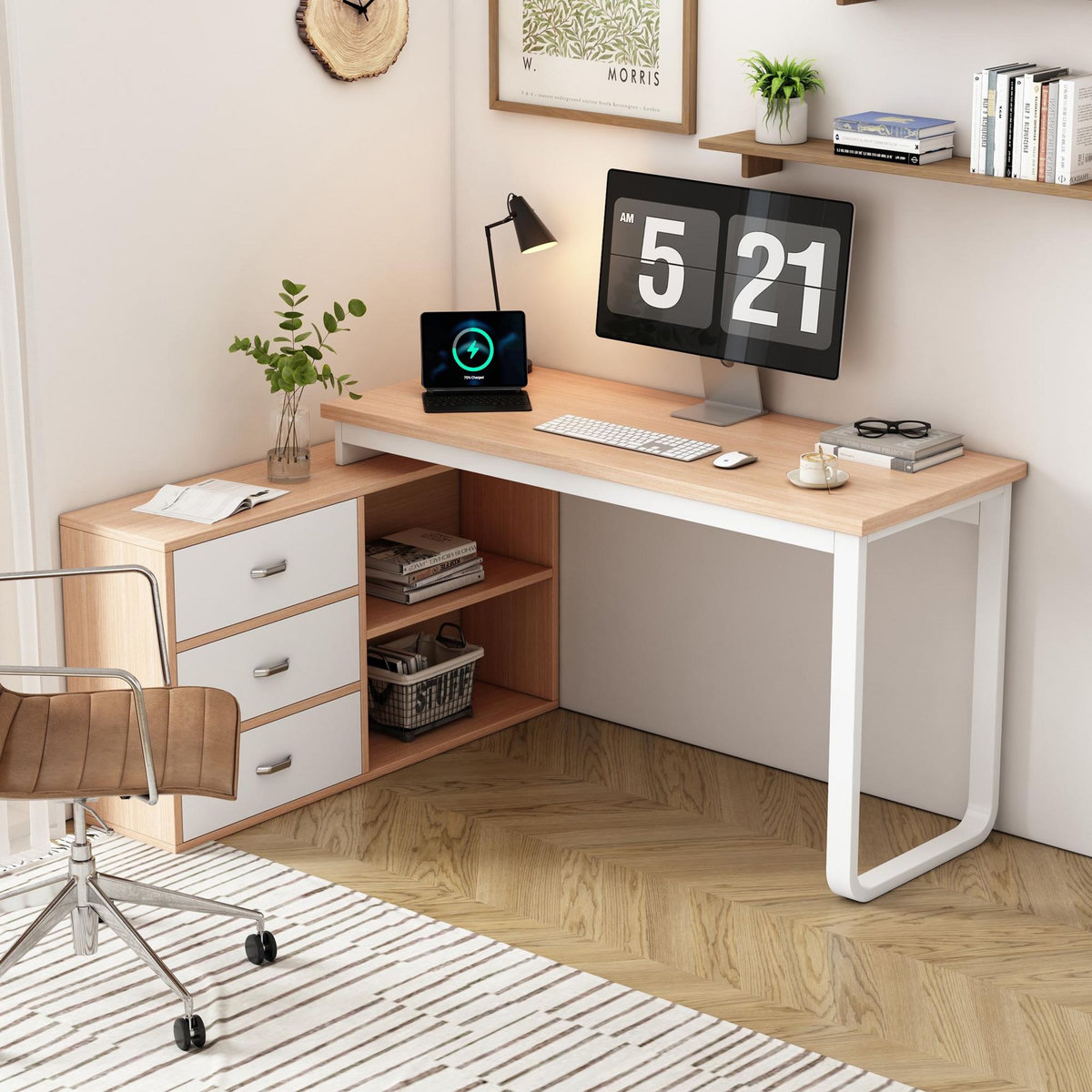 MERAX Bureau d'angle 147 cm coloris naturel+blanc mdf et métal