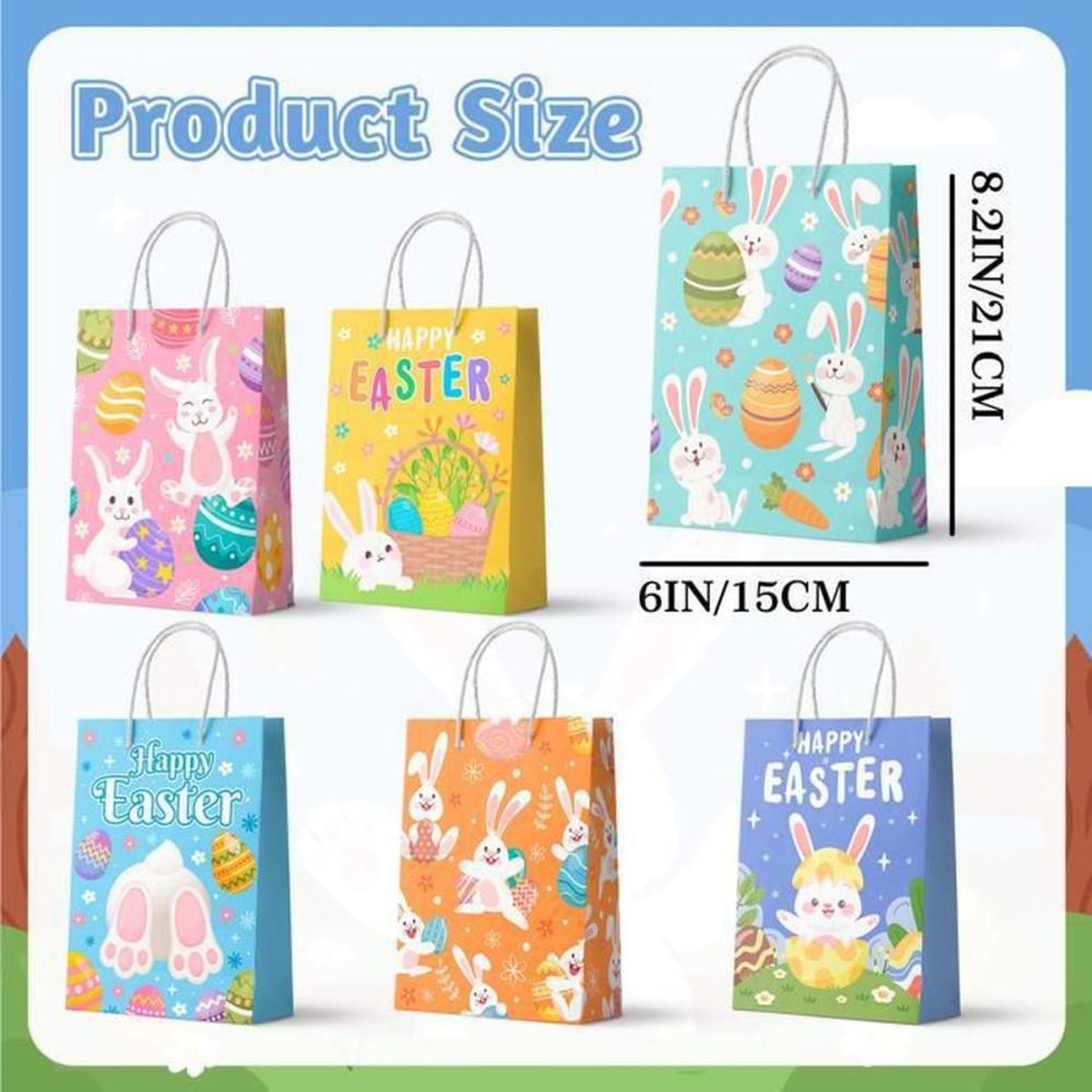 Voir la diapositive 4 : Sachets cadeaux Pâques en papier multicolore avec poignées, lot de 24 pièces, 6 motifs lapins et œufs