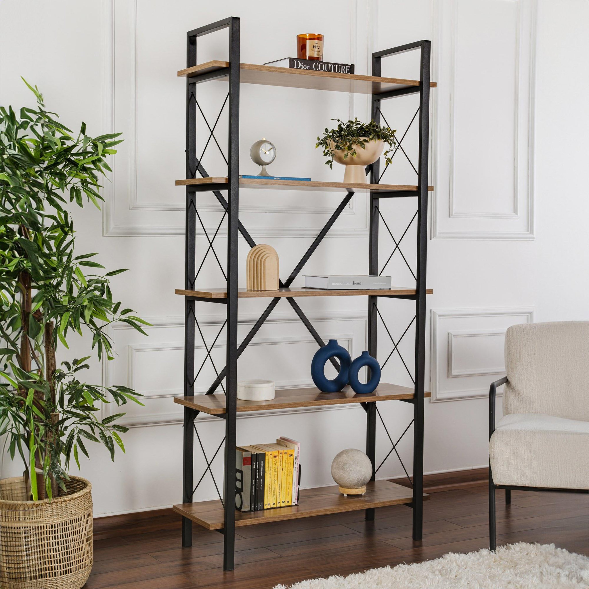 Voir la diapositive 2 : Habitat et Jardin Bibliothèque en bois  Elysian  - 90 x 33 x 180 cm - NoyerNoir