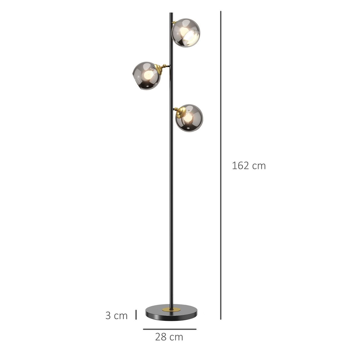 HOMCOM Lampadaire globe design néo-rétro 3 ampoules orientables max. 40 W H. 162 cm métal noir doré verre gris