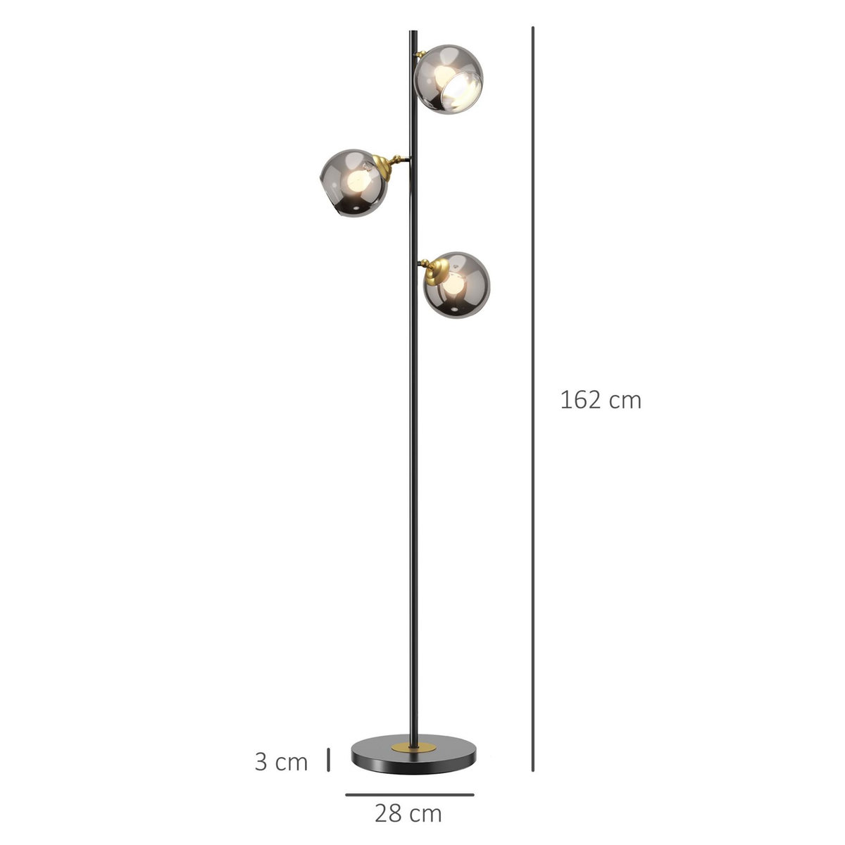 HOMCOM Lampadaire globe design néo-rétro 3 ampoules orientables max. 40 W H. 162 cm métal noir doré verre gris