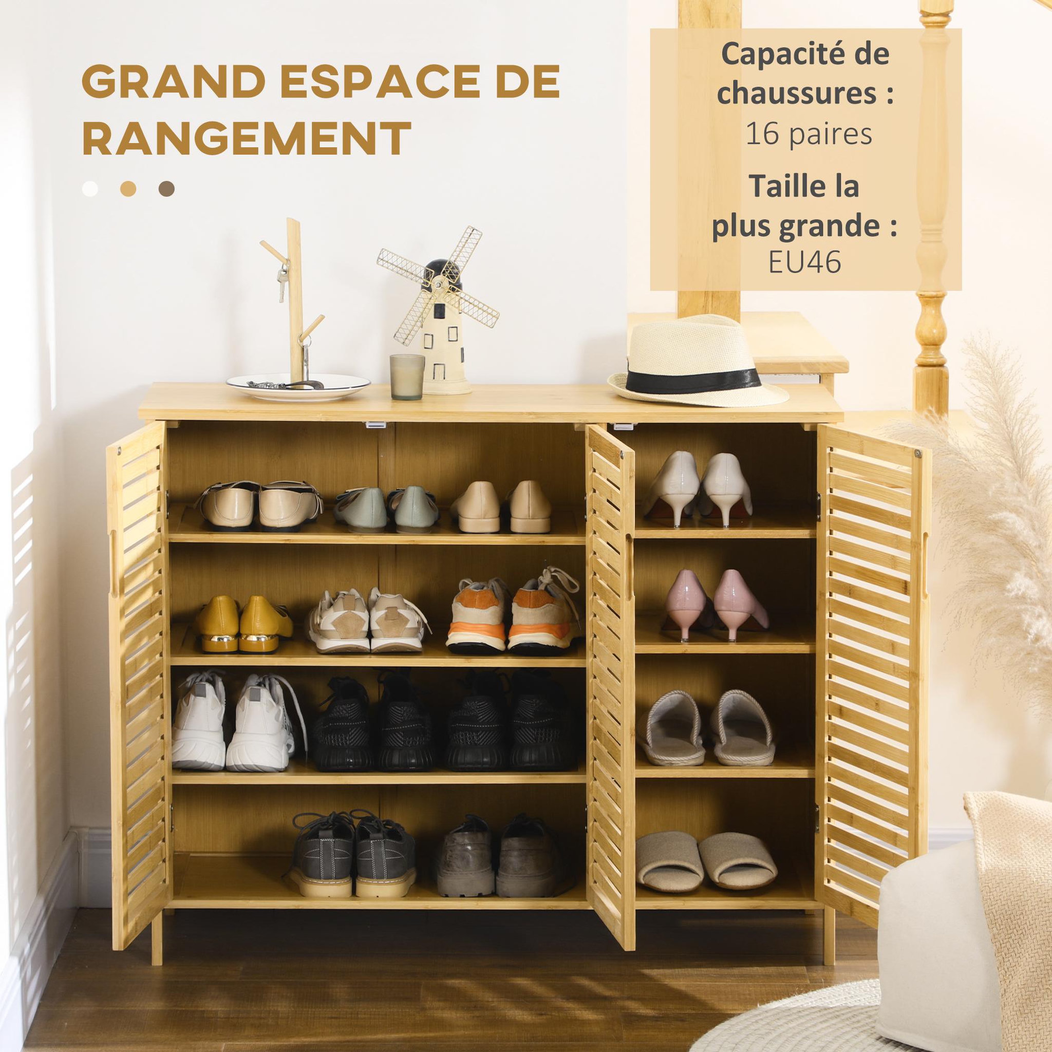 Voir la diapositive 5 : HOMCOM Meuble à chaussures style cosy chic - 3 portes, 6 étagères - portes à lattes, poignées invisibles - bambou verni