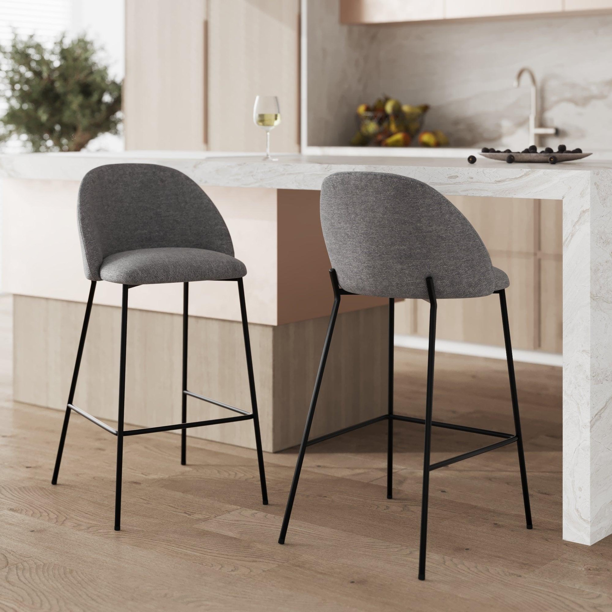 Voir la diapositive 2 : MAISON PAVANE Lot de 2 chaises pour îlot central 66 cm en tissu chiné gris foncé-karl