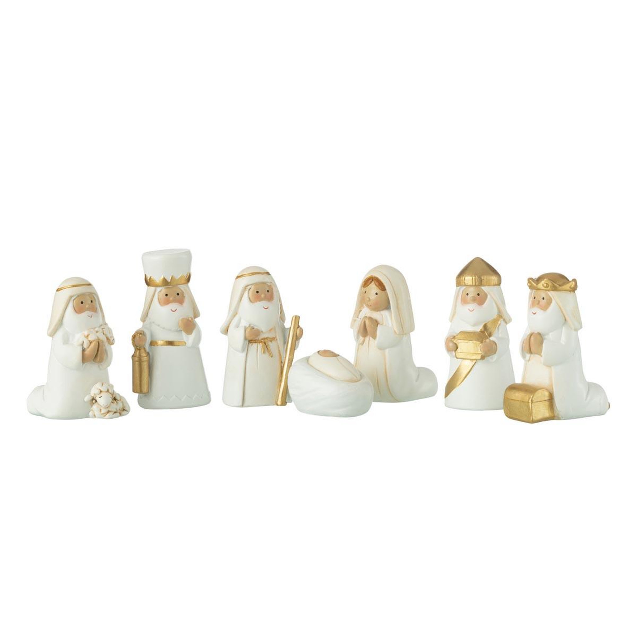 J-LINE Crèche de noël 7 santons  scène nativité  6cm blanc & or