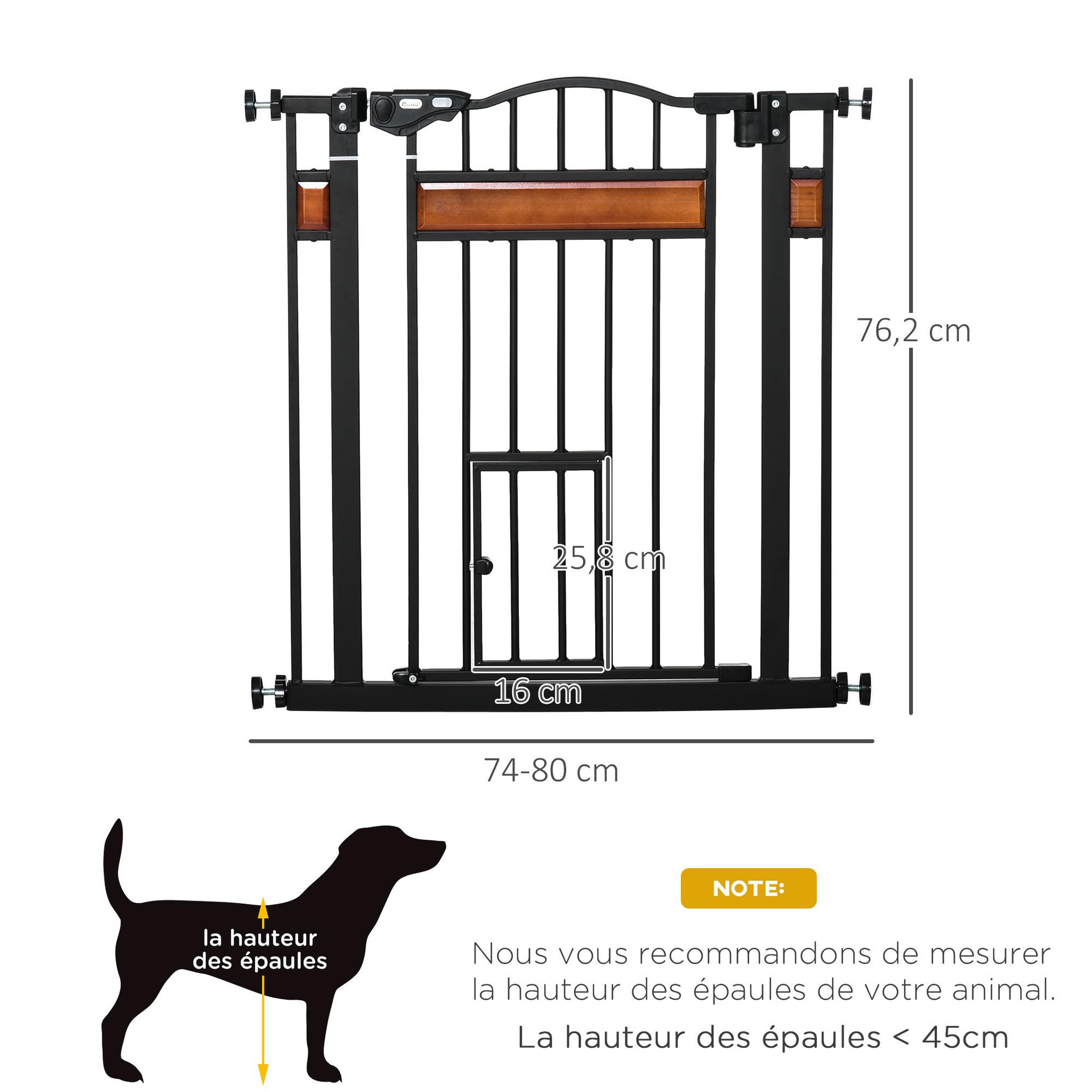 Voir la diapositive 3 : PAWHUT Barrière de sécurité animaux - longueur réglable dim. 74-80 cm - 2 portes verrouillables, ouverture double sens - sans perçage - acier noir pin