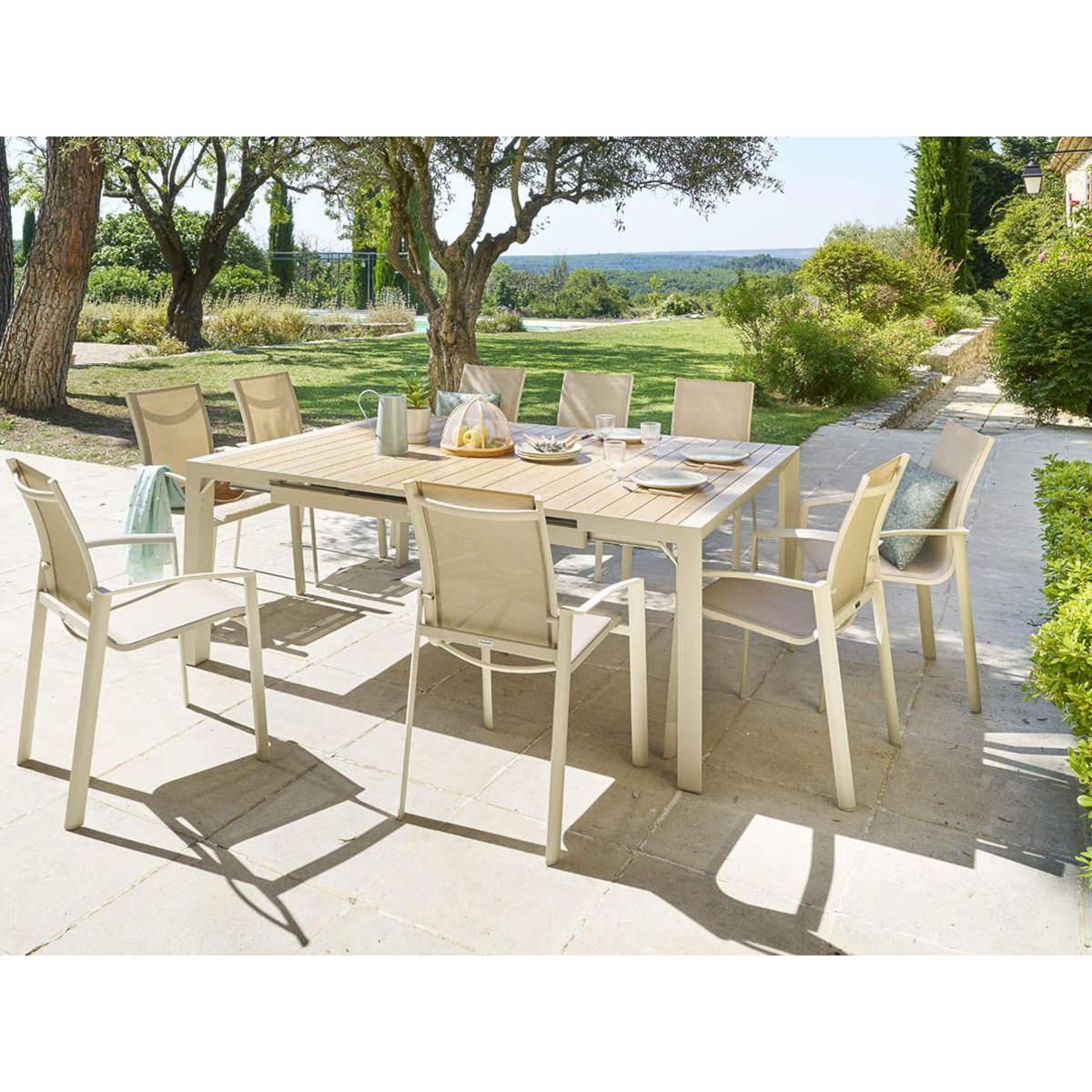 HESPERIDE Table de jardin carrée extensible alu Evasion 8/10 places Beige lin - Hespéride