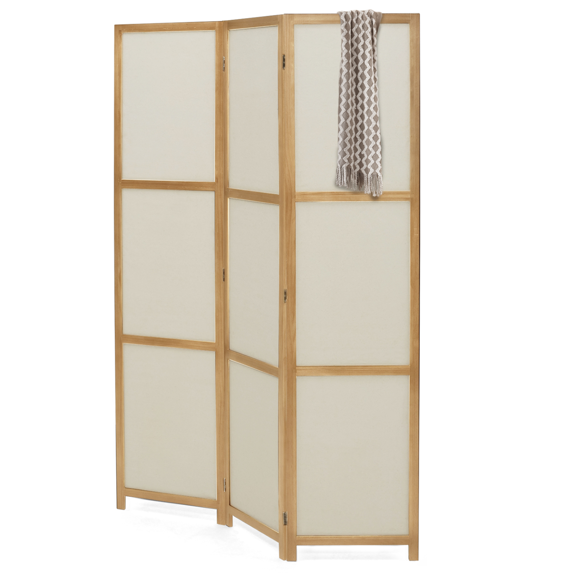 Voir la diapositive 1 : ID MARKET Paravent intérieur bois et tissu beige
