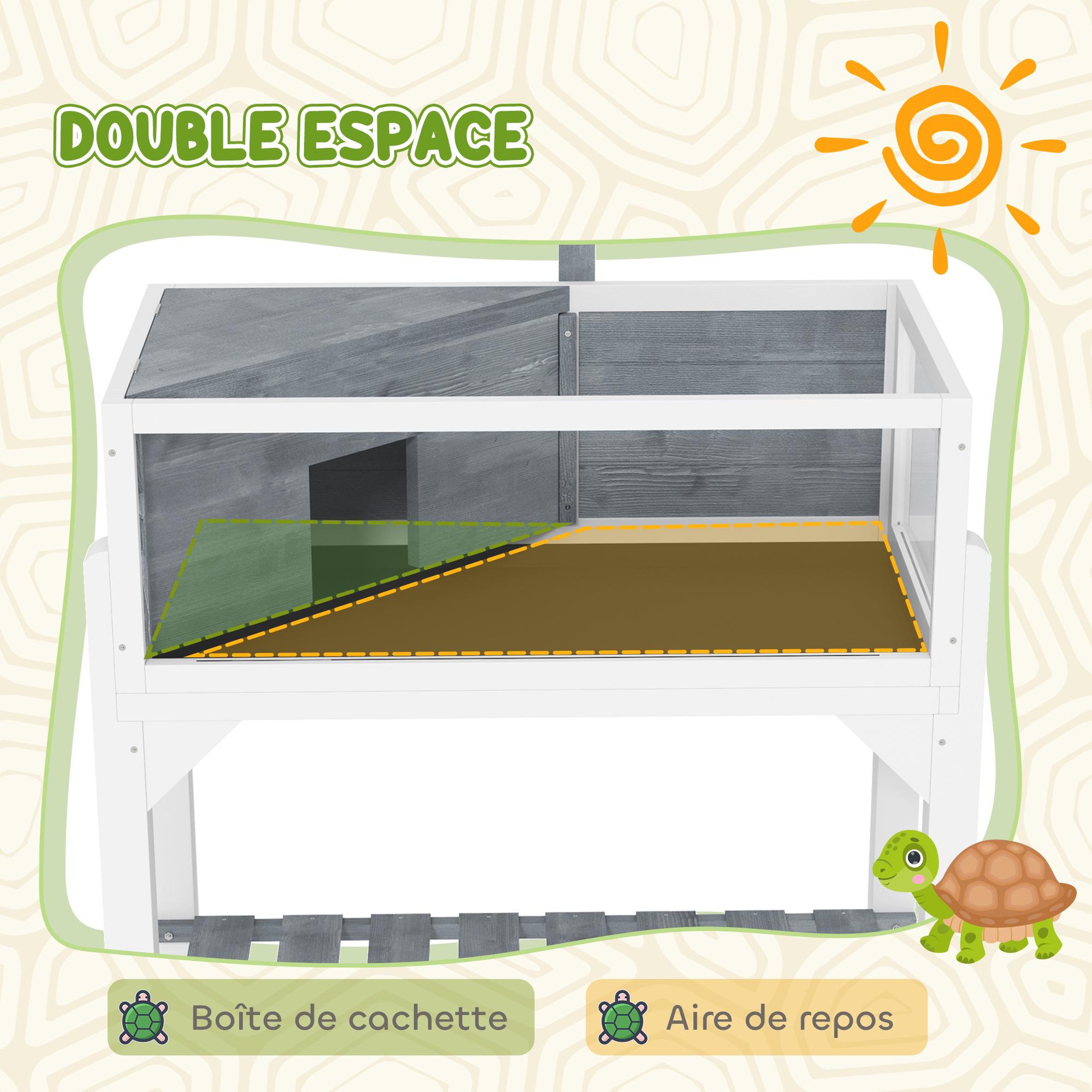 Voir la diapositive 6 : PAWHUT Maison pour tortue sur pied 2 zones étagère - terrarium - toit ouvrant, enclos, support lampe - gris