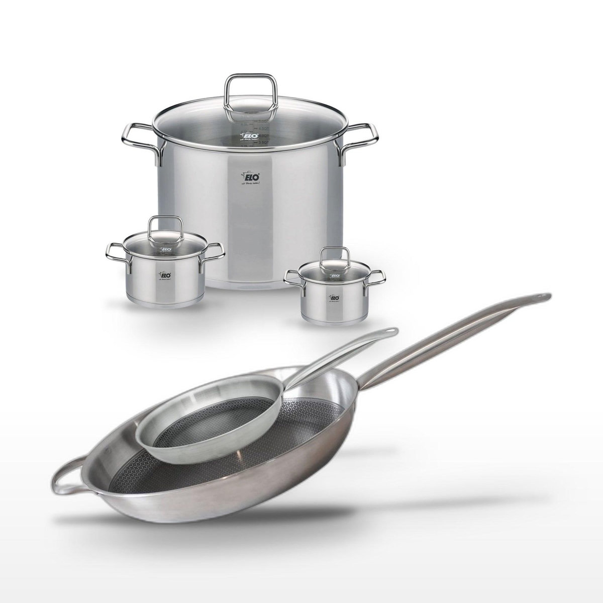 ELO Lot 3 Faitouts 12/14/26cm & 2 Poêles 24/32cm Elo Relief Solution