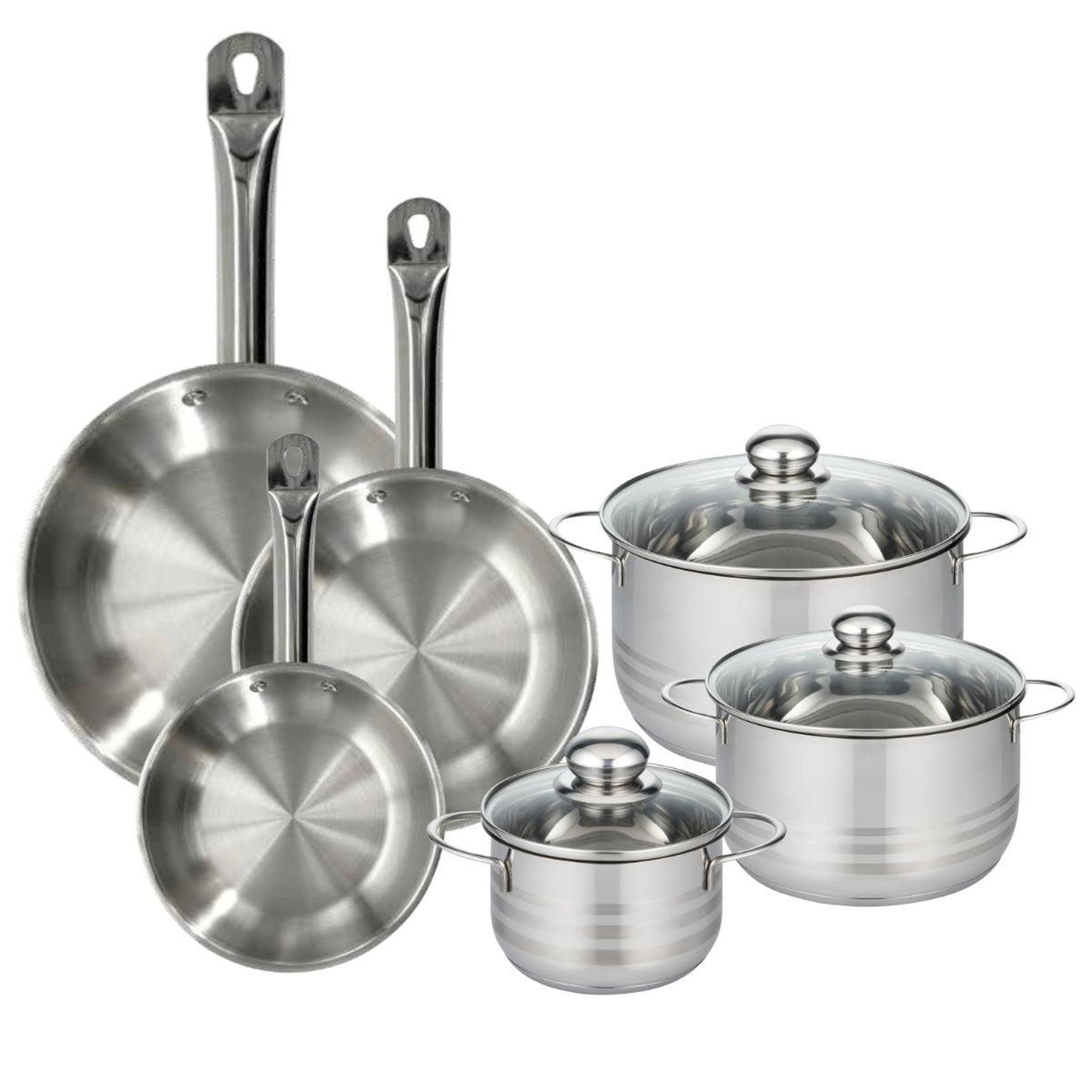 Fackelmann Batterie de cuisine avec 3 poêles 20/24/28 cm et 3 faitouts 16/20/24 cm en inox sans pfas fackelmann eterna brillant