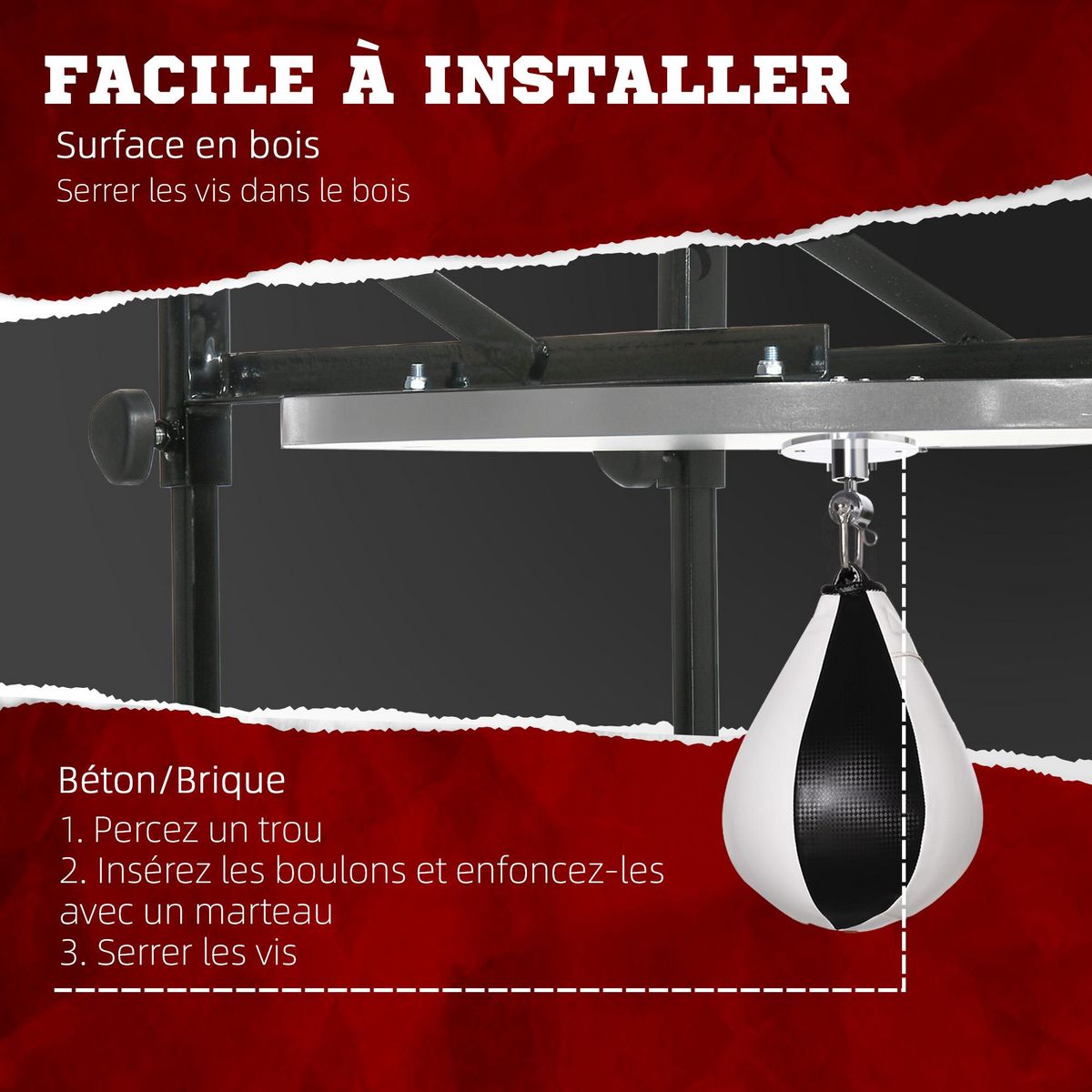 HOMCOM Poire de vitesse boxe pivotante 360° - crochet, pompe inclus - acier PU noir blanc
