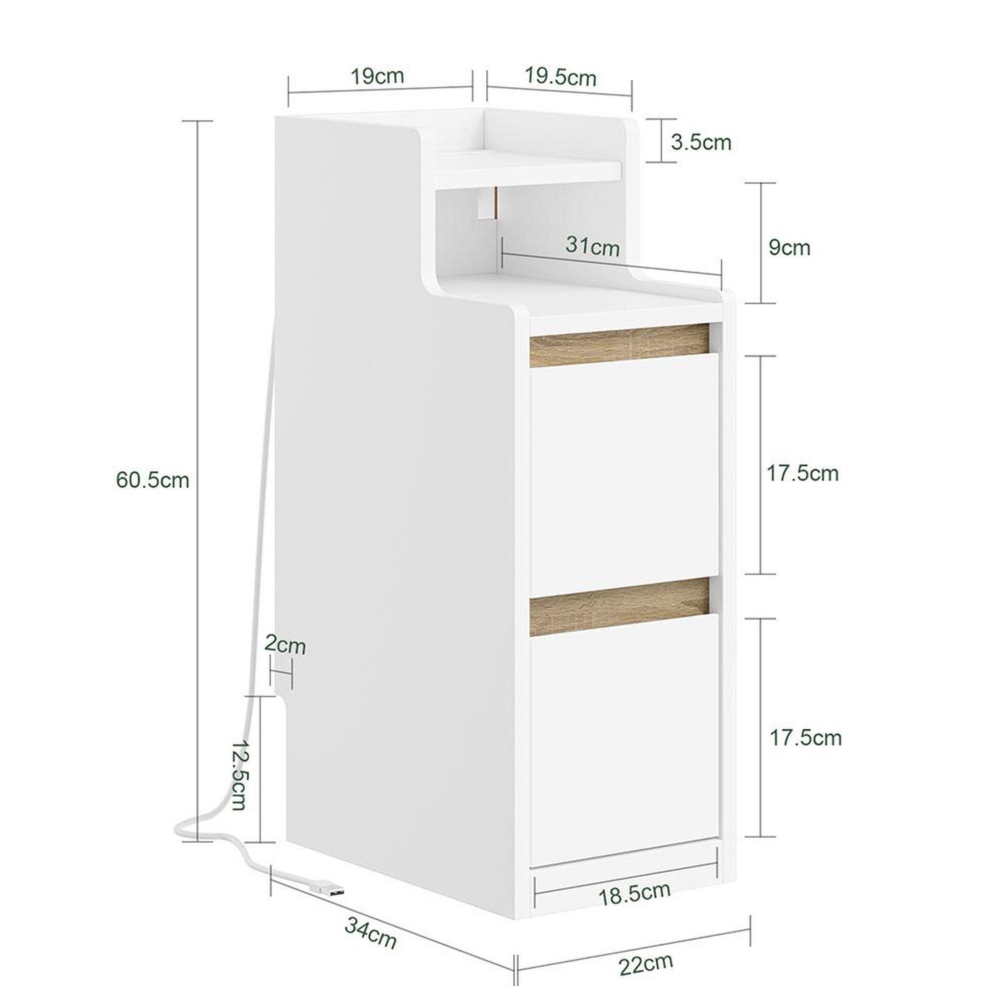 Voir la diapositive 3 : SOBUY Chevet avec 2 Tiroirs Blanc 22x34x60.5cm FBT178-E-WN