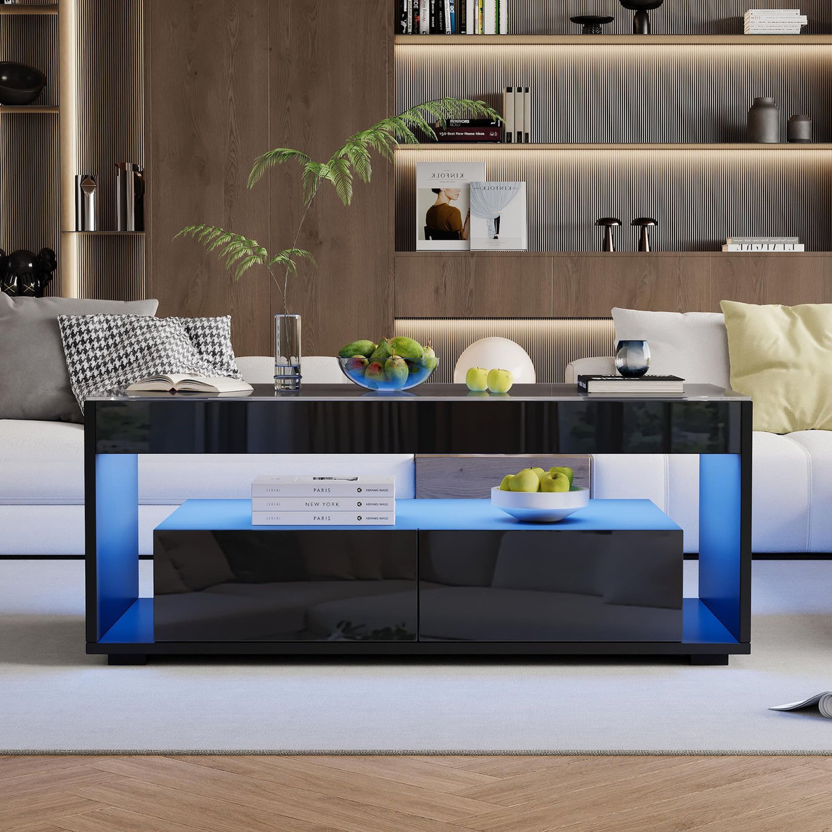 MERAX Table Basse Avec 2 Tiroirs Et LED Noir