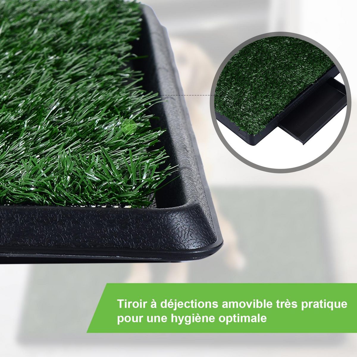 PAWHUT Litière gazon synthétique chiens toilettes portables à pelouse tiroir à déjection 63L x 51l x 6H cm noir vert
