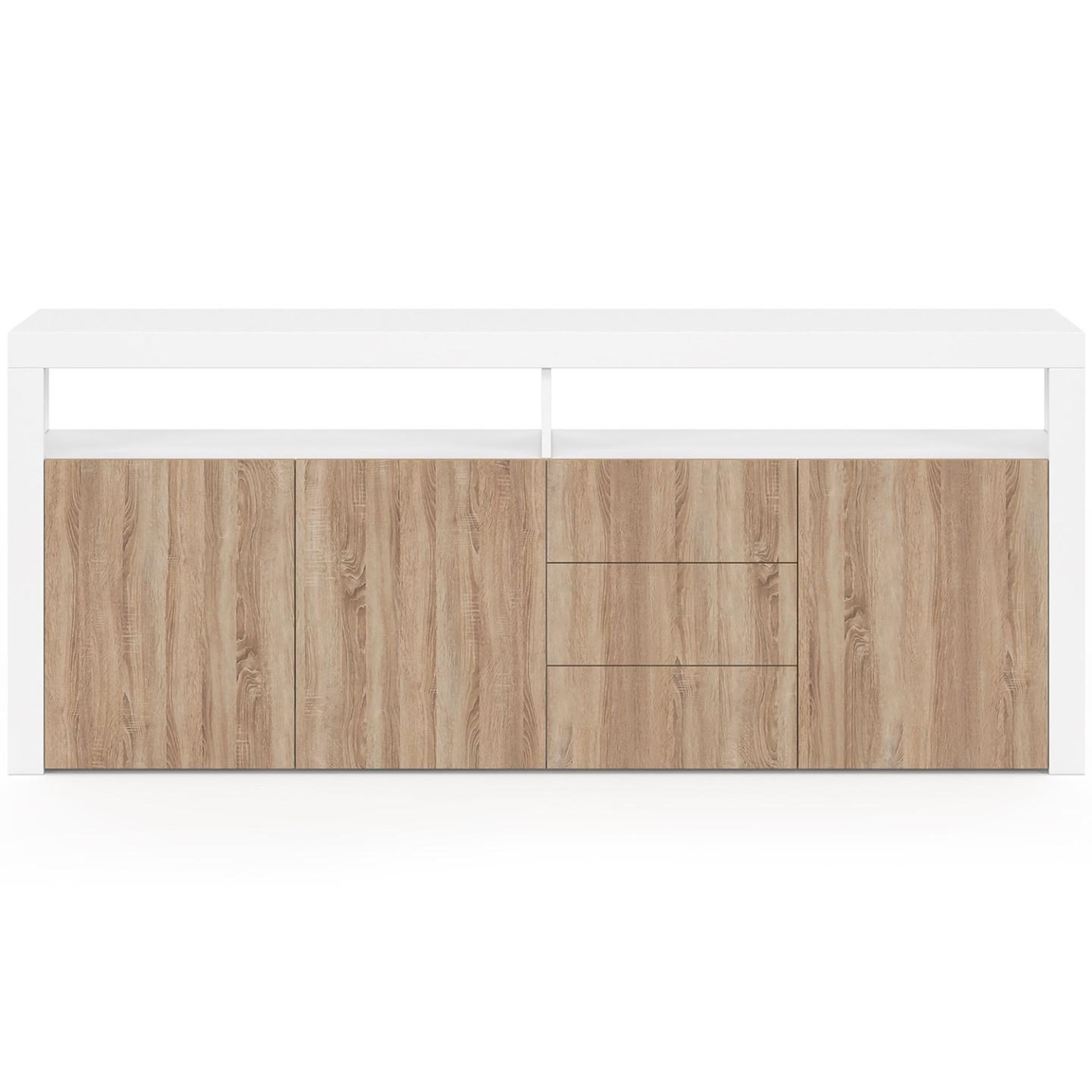 Voir la diapositive 3 : ID MARKET Buffet 180 cm elight xxl 3 portes et 3 tiroirs avec led et niches blanc et bois façon hêtre
