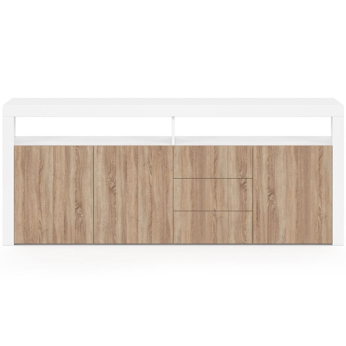 ID MARKET Buffet 180 cm ELIGHT XXL 3 portes et 3 tiroirs avec LED et niches blanc et bois façon hêtre