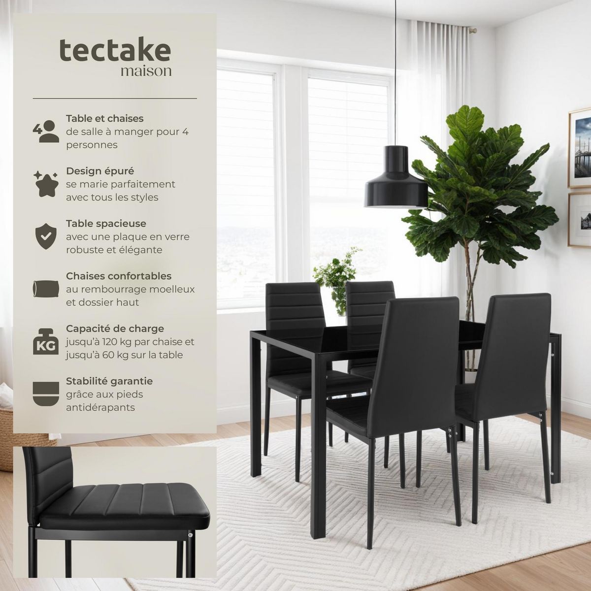 tectake Ensemble table et chaises de salle à manger en acier noir
