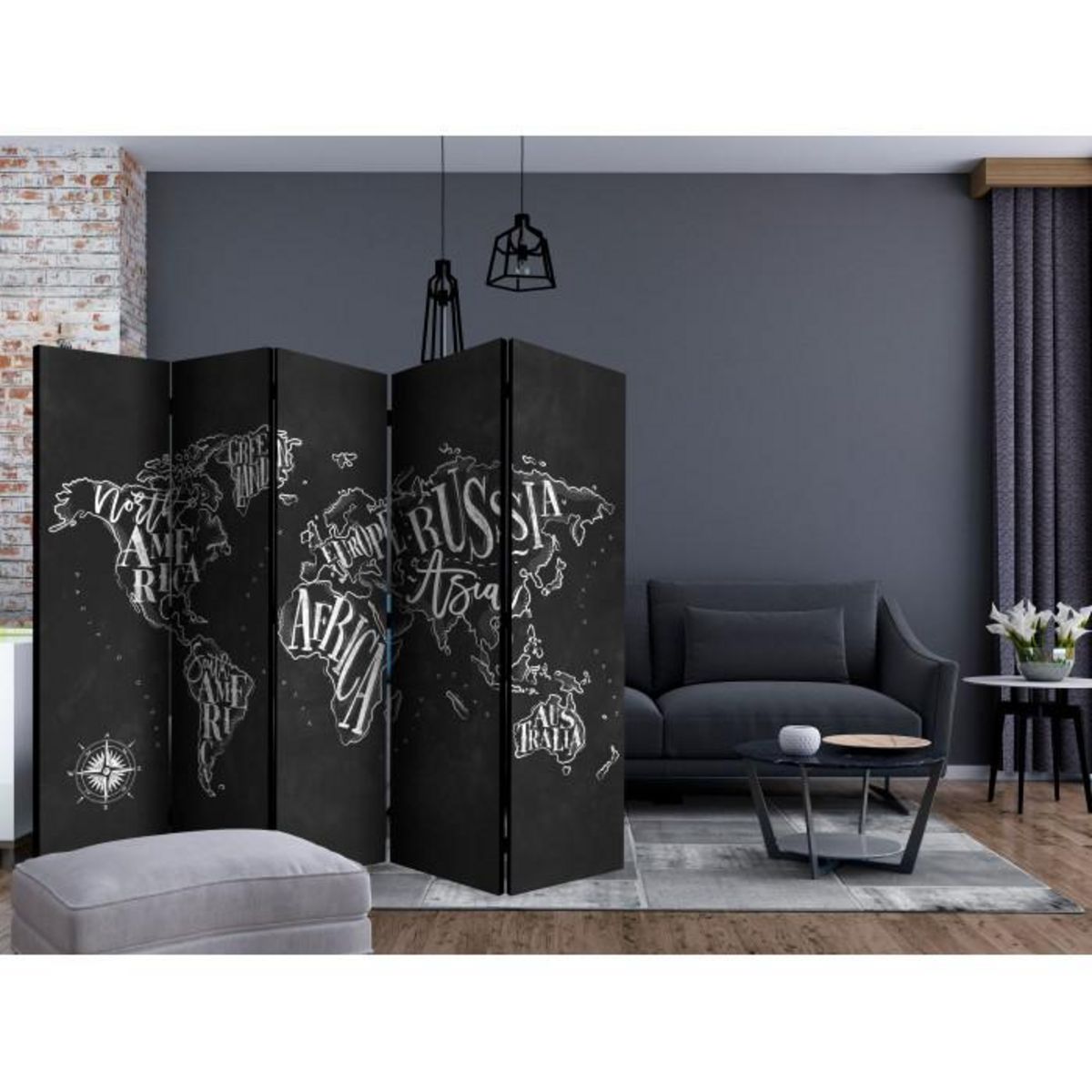 Paris Prix Paravent 5 Volets  Retro Continents Black  172x225cm