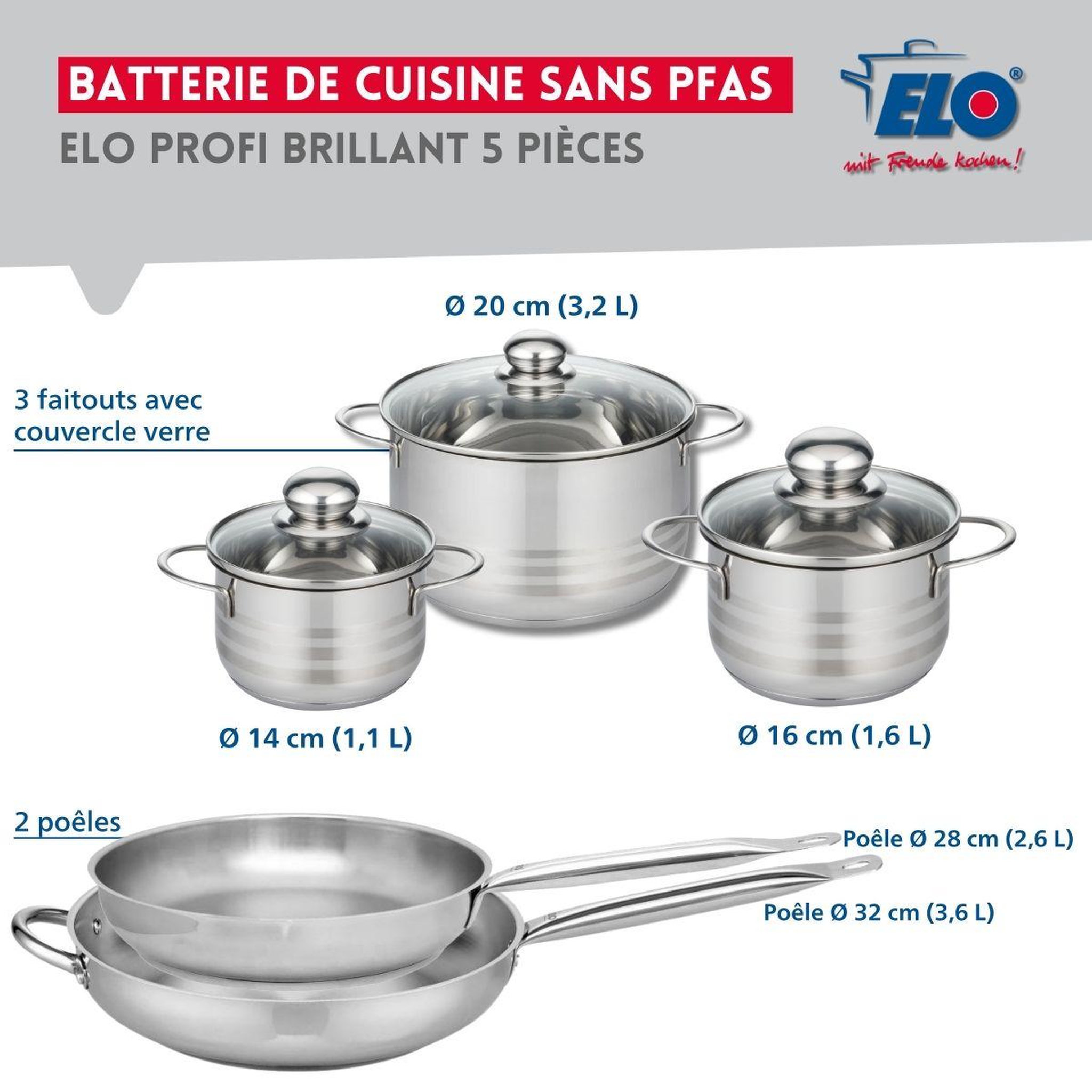 Voir la diapositive 2 : ELO Ensemble de 2 poêles de cuisson 28 et 32 cm et 3 faitouts 14, 16 et 20 cm elo profi brillant