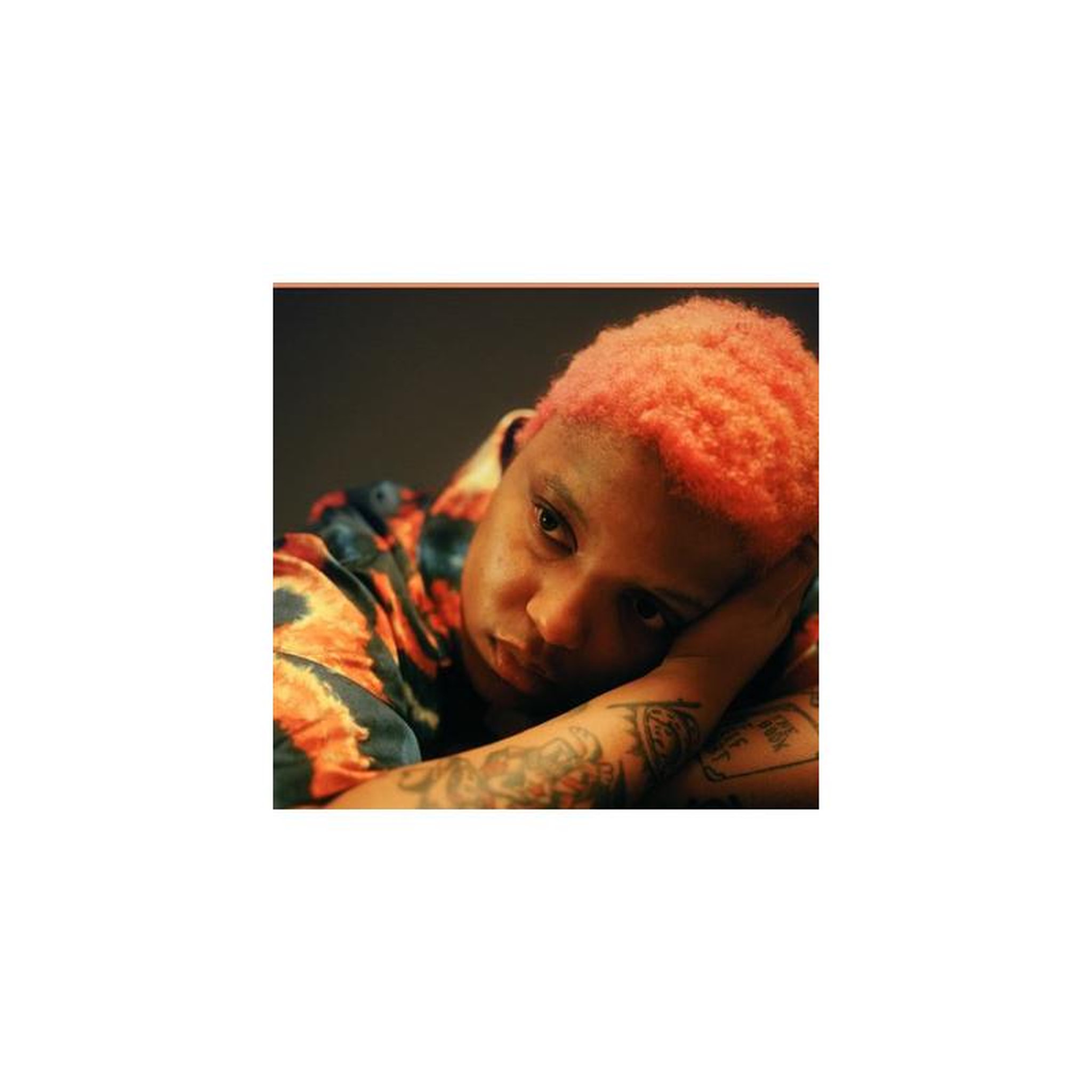 Vinyle « gentle confrontation », pochette portrait aux cheveux orange et avant-bras tatoués
