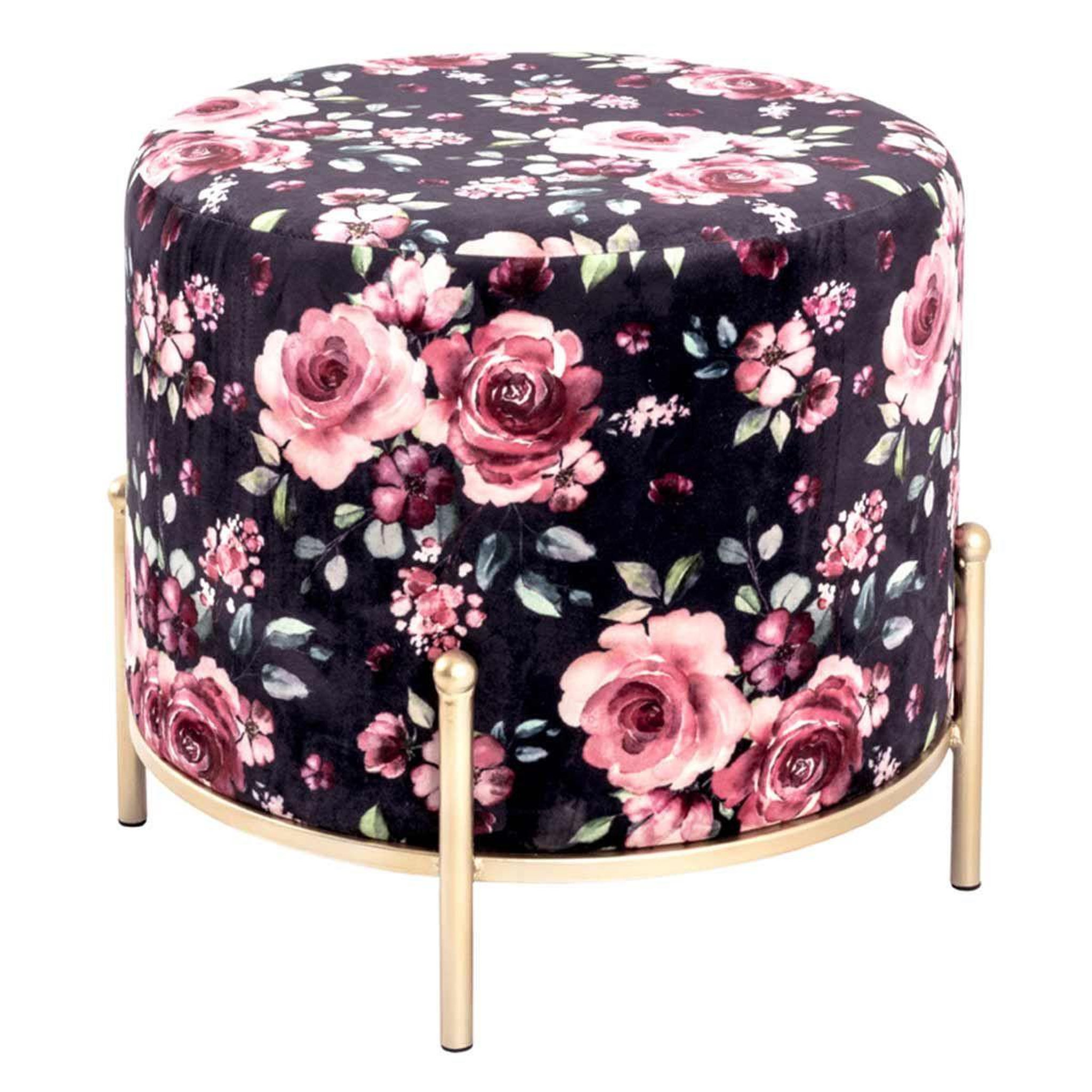 Paris Prix Tabouret en velours  motif fleurs  48cm noir & rose