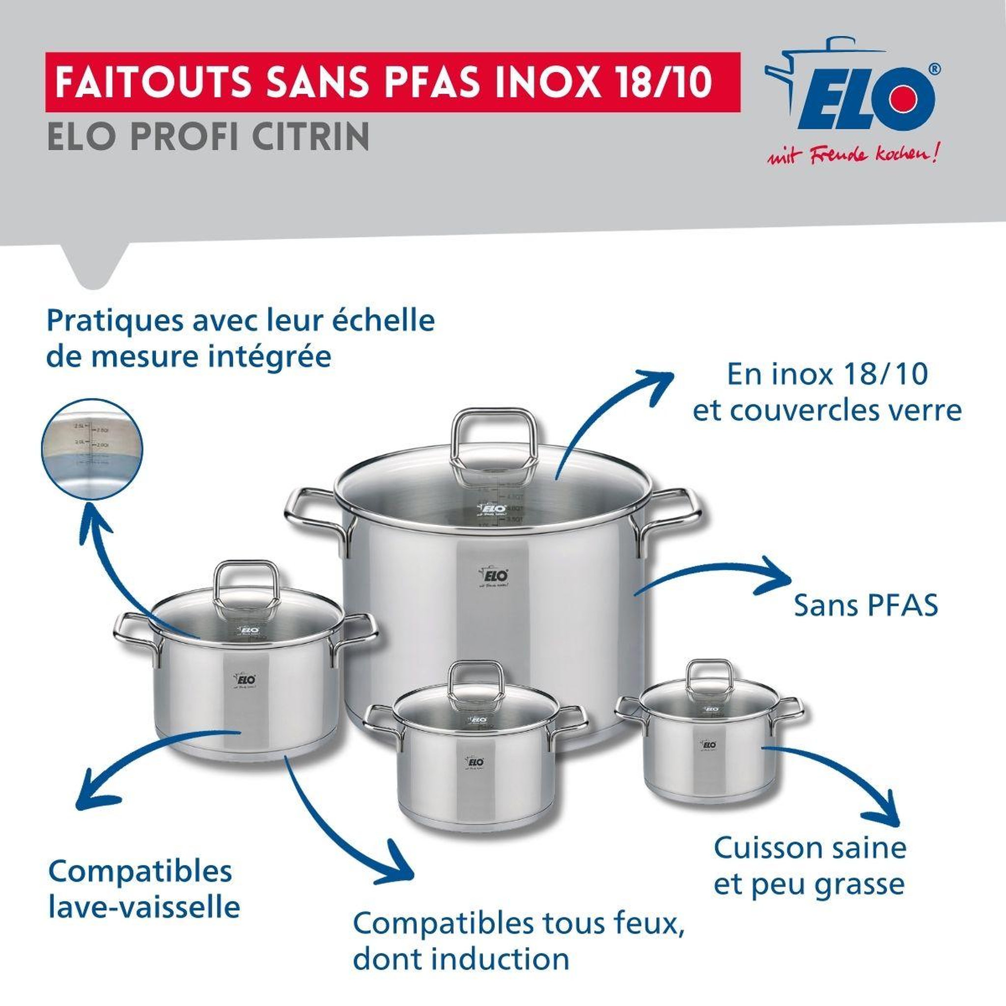 Voir la diapositive 3 : ELO Set de 1 poêle de cuisson 32 cm et 4 faitouts 12, 14, 16 et 26 cm elo profi citrin