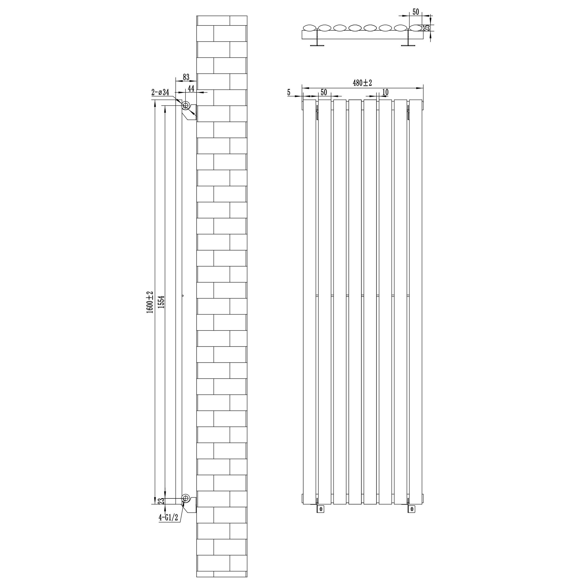 Voir la diapositive 5 : MONSTERSHOP Radiateur à colonnes ovales & vannes, 1 panneau - 1600 x 480 mm