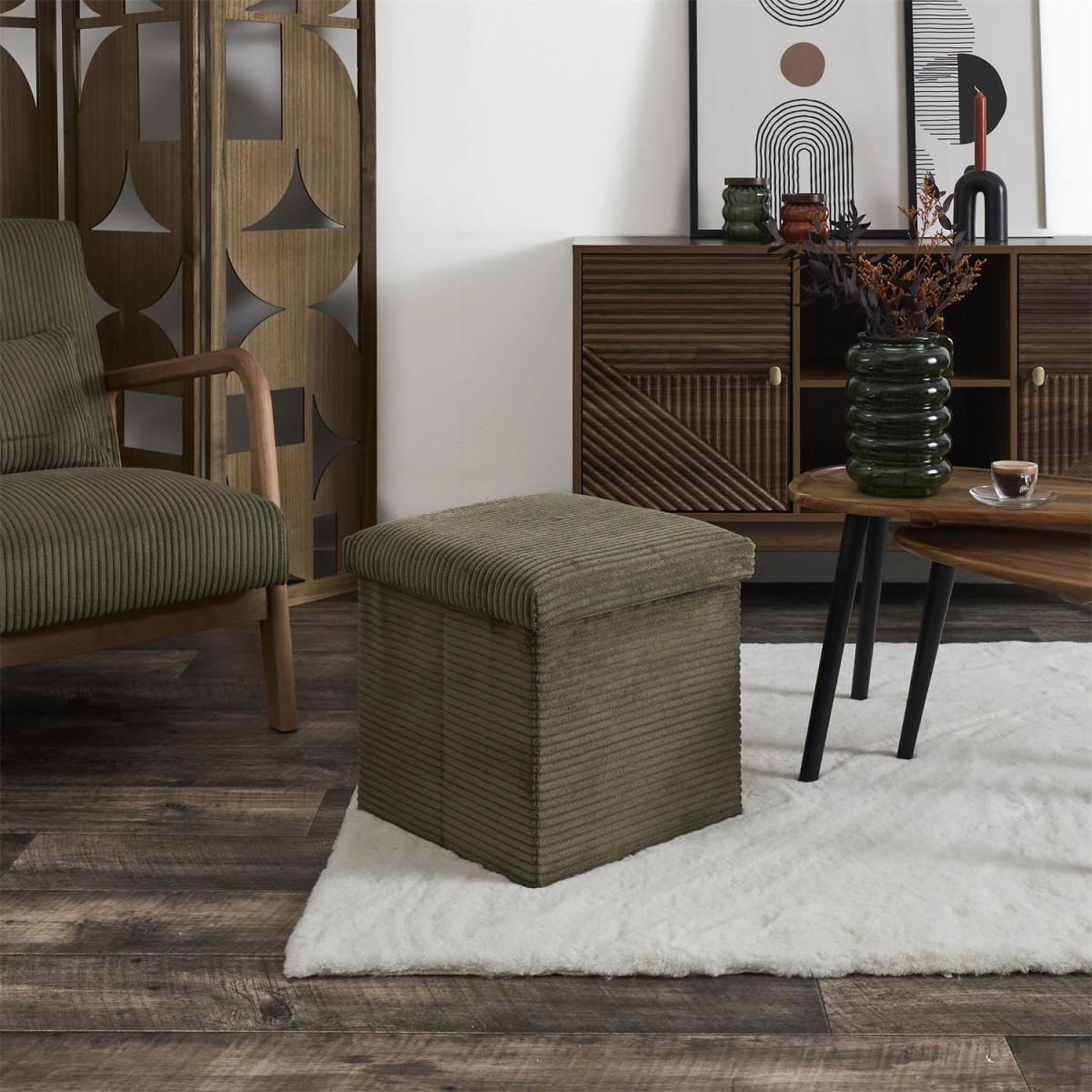 Voir la diapositive 5 : The Home Deco Factory Pouf coffre pliable côtelé  scott  38cm vert
