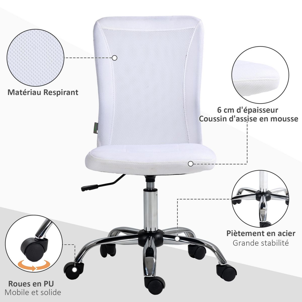 VINSETTO Vinsetto Chaise de bureau ergonomique hauteur réglable piètement chromé pivotant 360° revêtement blanc