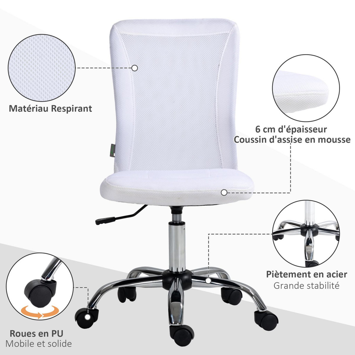 VINSETTO Vinsetto Chaise de bureau ergonomique hauteur réglable piètement chromé pivotant 360° revêtement blanc