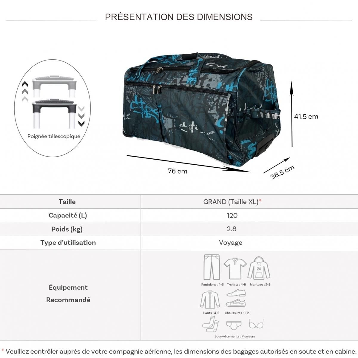 David Jones Sac de voyage avec roulettes 120L grand volume 76cm
