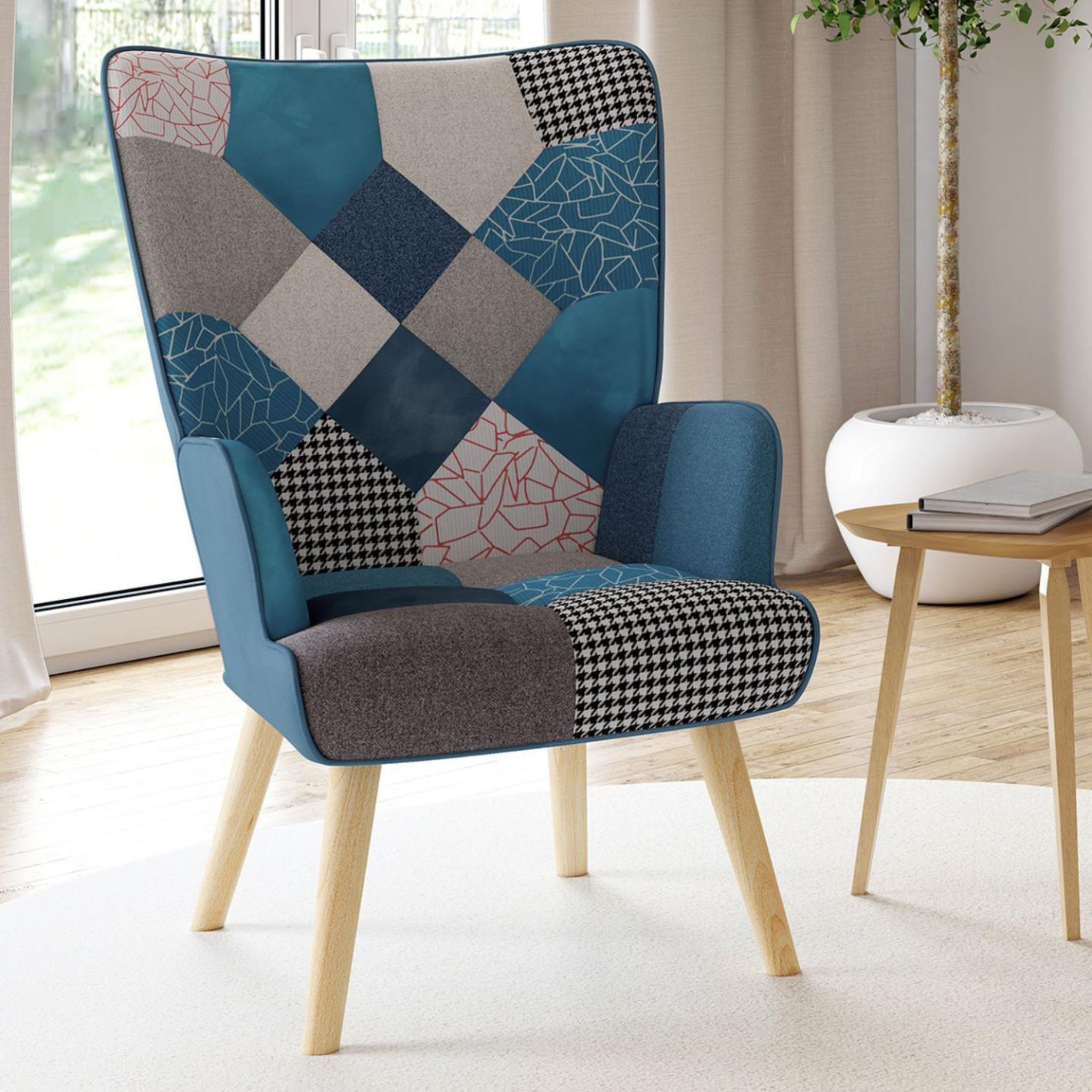 Voir la diapositive 2 : ID MARKET Fauteuil scandinave ivar en tissu patchwork et velours bleu