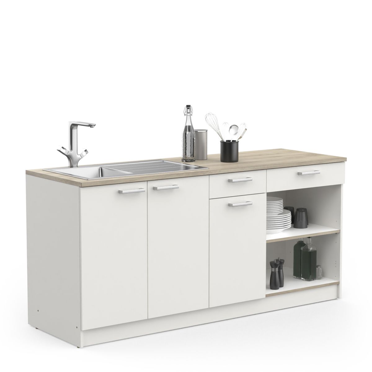 Meuble de cuisine bas 3 portes 2 tiroirs 2 niches de rangement L180cm TIRAMISU