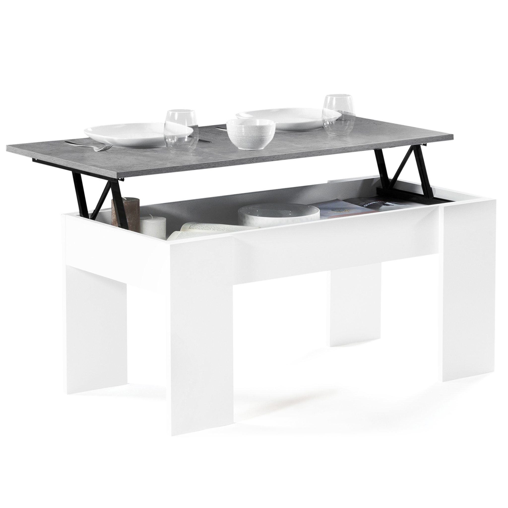 ID MARKET Table basse plateau relevable rectangulaire tara bois blanc et effet béton