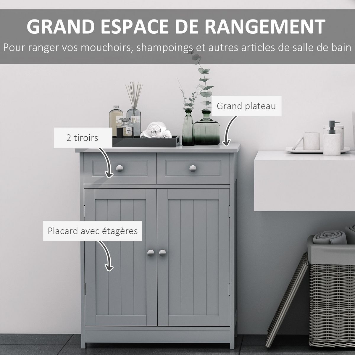KLEANKIN Meuble bas de salle de bain sur pied 2 portes avec étagère réglable 2 tiroirs poignées boutons métal MDF gris