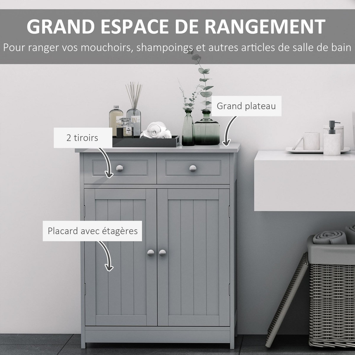 KLEANKIN Meuble bas de salle de bain sur pied 2 portes avec étagère réglable 2 tiroirs poignées boutons métal MDF gris