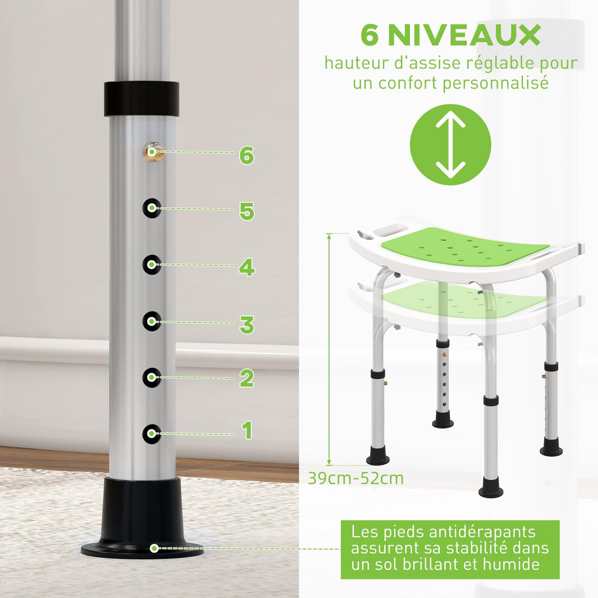 Voir la diapositive 4 : HOMCOM Siège de douche réglable en hauteur tabouret de douche ergonomique pieds antidérapants charge max. 135 kg alu hdpe blanc vert