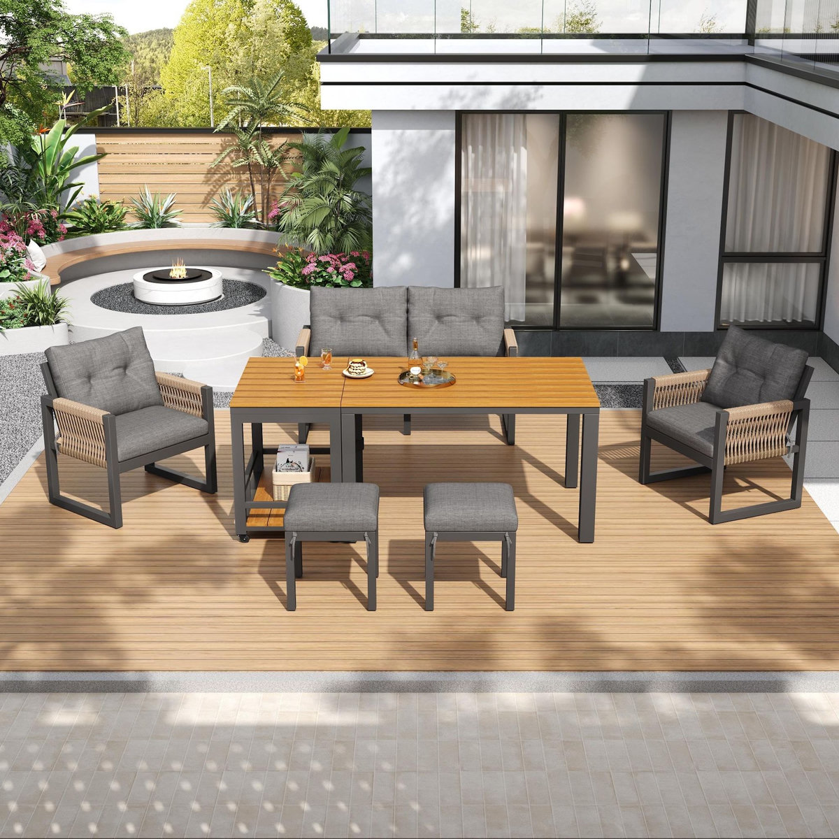 MERAX Salon de jardin 6 places avec canapé 2 places, 2 fauteuils, 2 poufs et table amovible,gris bois