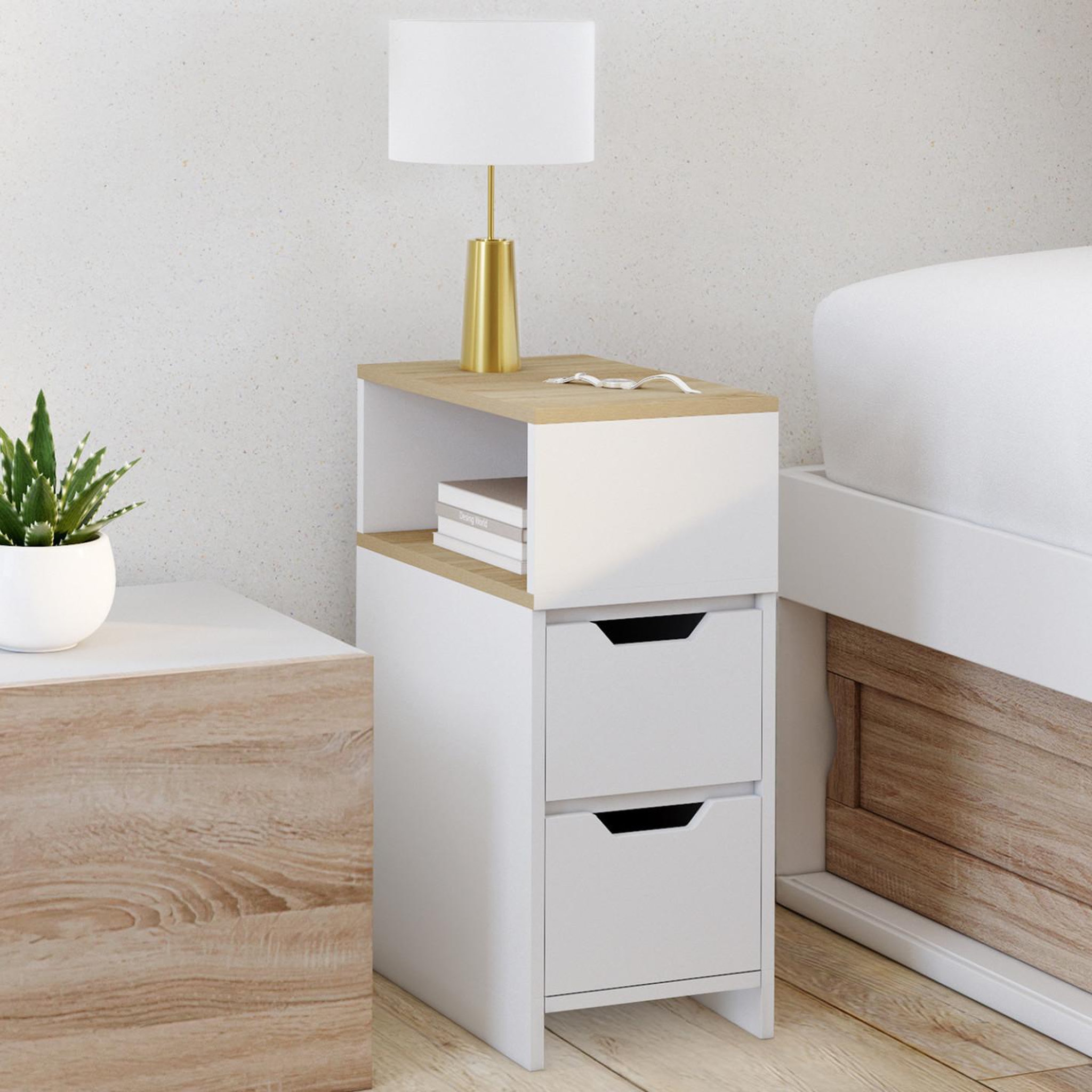 Voir la diapositive 2 : ID MARKET Lot de 2 tables de chevet étroites anouk 2 tiroirs avec niche latérale réversible blanc et bois